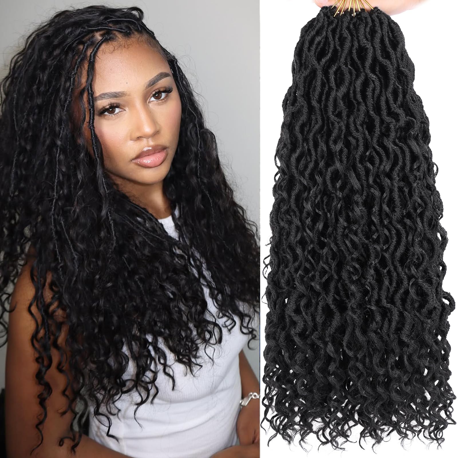 COOKOO 16 Inch 8 Packs Goddess Locs Crochet Hair 12 Stands/Pack Boho Faux Locs Crochet Hair with Curls Pre Looped River Locs Hair for Women Bohemian