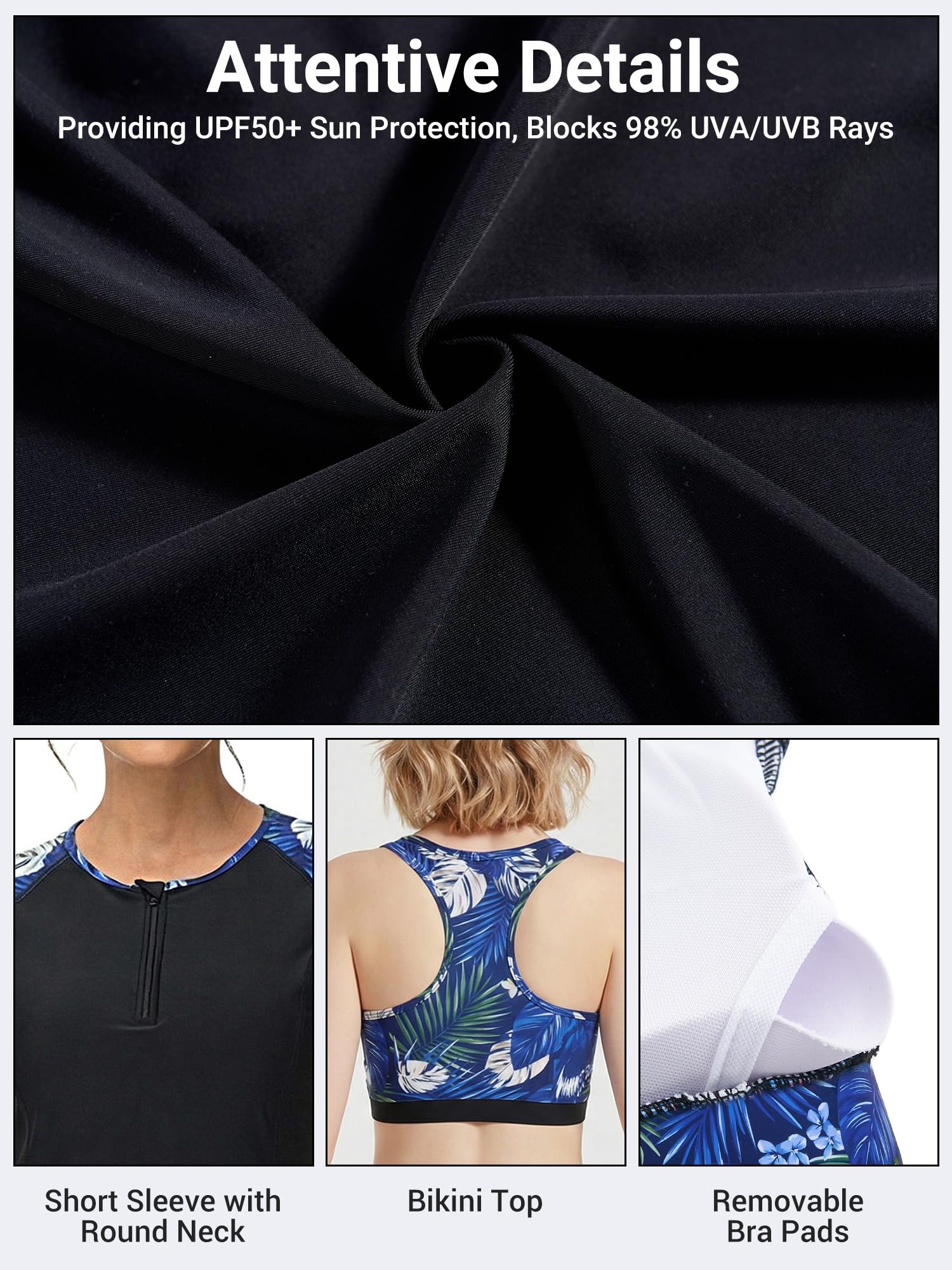 Owntop Rashguard Set da donna 3 pezzi – Maglietta a maniche corte con canotta e costume da bagno, asciugatura rapida, con protezione UV per spiaggia, nuoto, sport acquatici