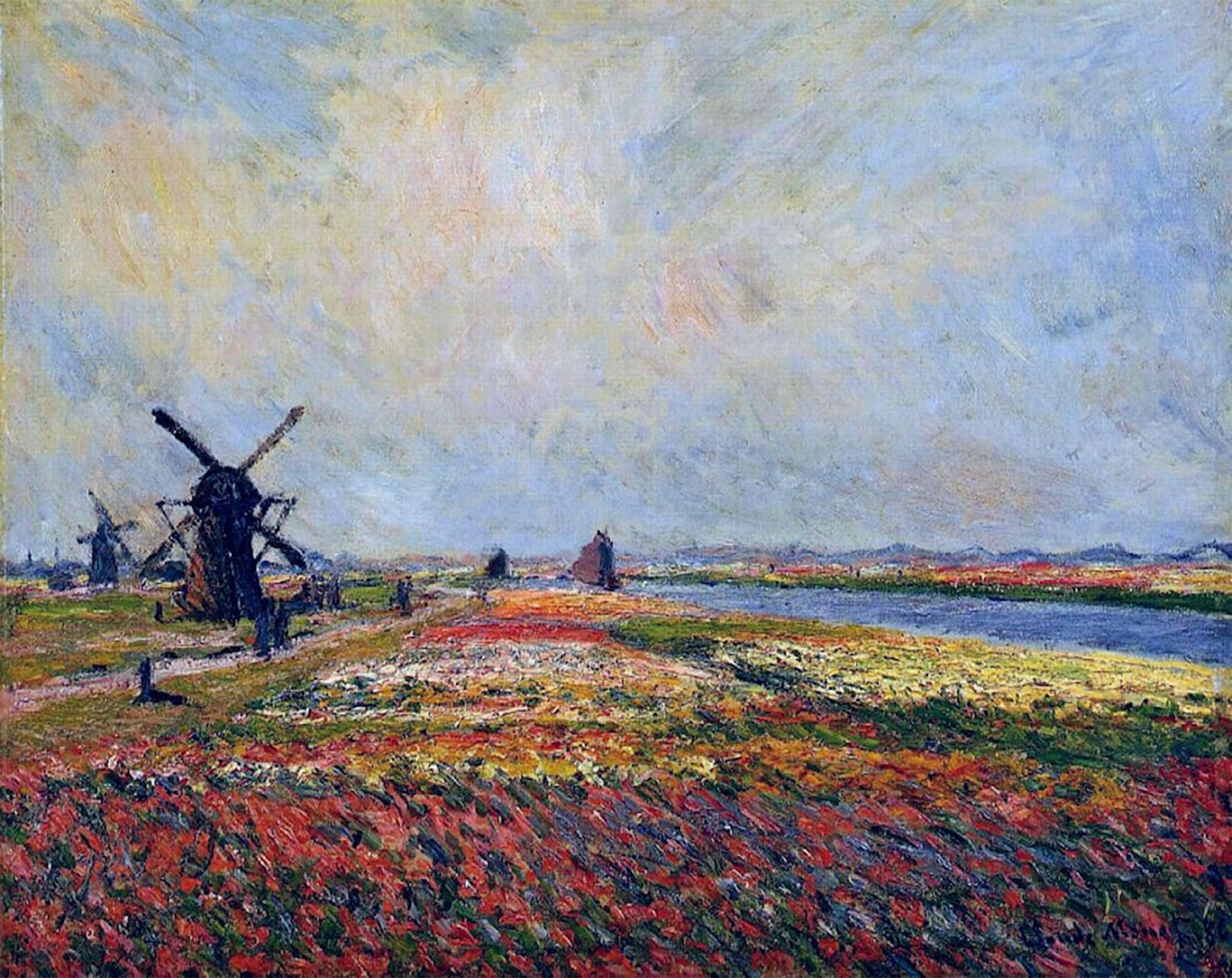 HRJUBWREE Oil Painting Prints on Canvas Painting Picture Fields of Flowers and Windmills Near Leiden by Claude Monet Artwork Canvas Prints for Home Decor 60x90cm