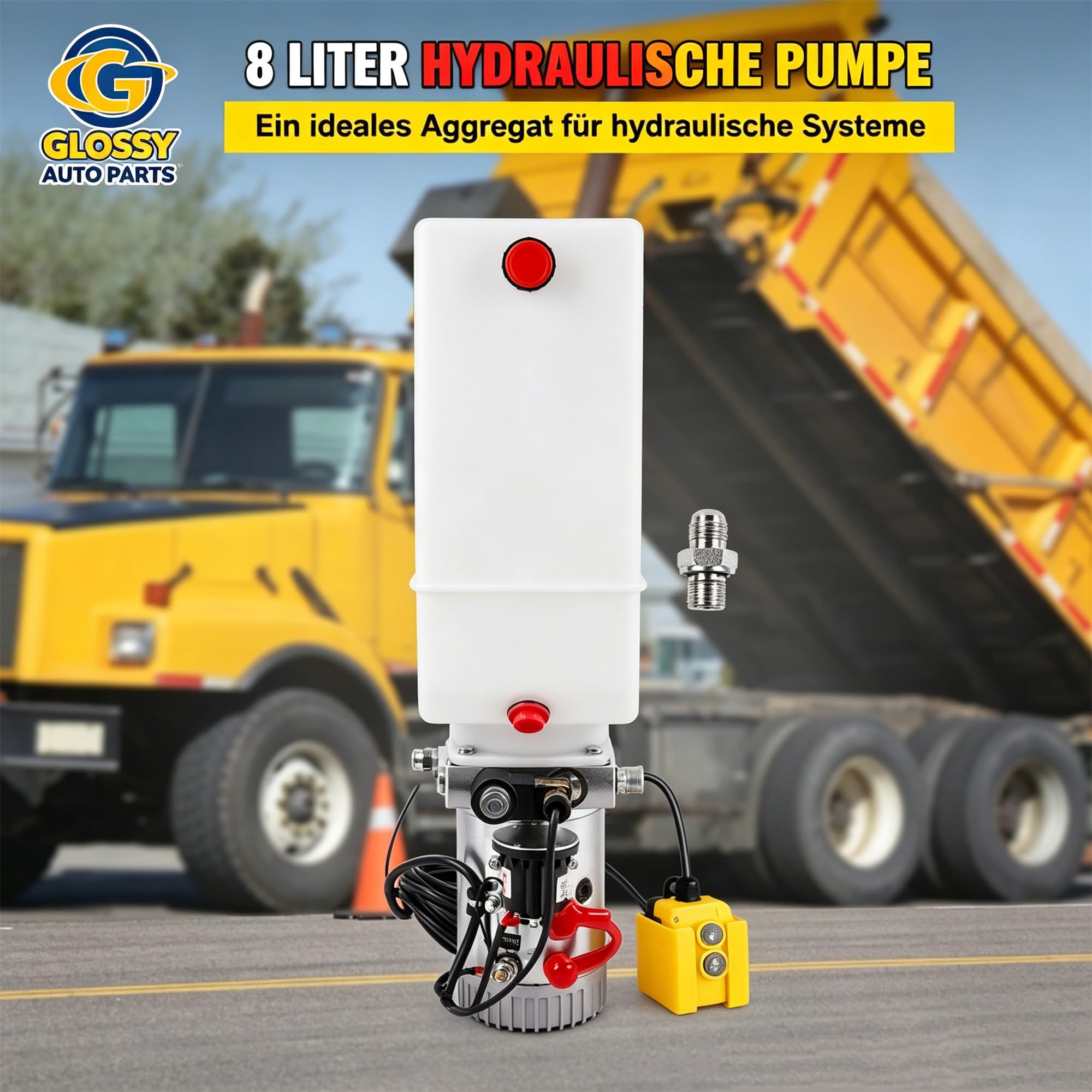 8-Liter Hydraulikpumpe 12 V Anhänger LKW Muldenkipper Kunststoff Kompatibel mit LKW-Heckklappen, Wohnmobil-Nivellierung, Scherenhebebühnen, Muldenkipper GLOSSY AUTO PARTS