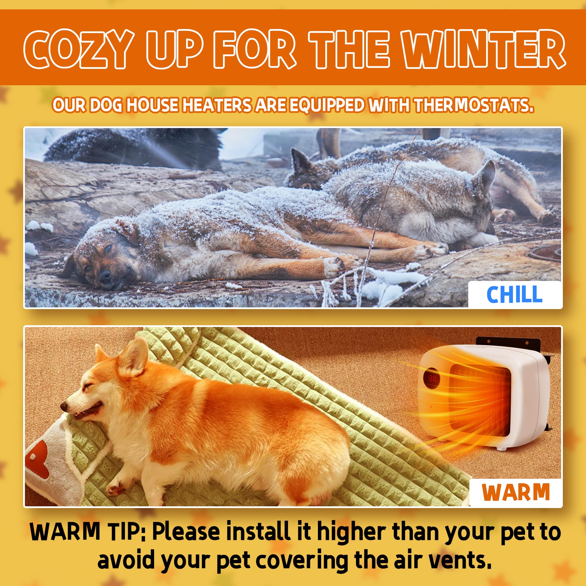 SLASHCOOL Pet House Heater with Thermostat - 2 Heating Modes (200/400W), 6FT Anti Chew Cord, Overheat Protection - Ideal for Dog Houses, Chicken Coops, Rabbits - Cover Up To 105sft