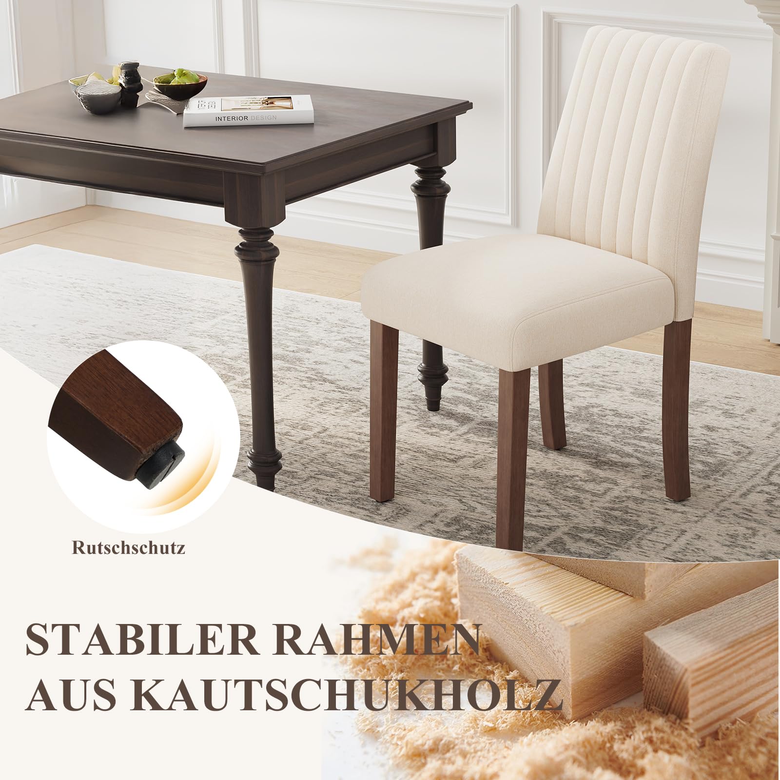 COLAMY Esszimmerstühle 2er Set, Polsternder Stühle Esszimmer mit Rückenlehne, Küchenstühle Gepolstert, Stoff Dining Chairs Holzbeinen für Esszimmer, Küche, Restaurant, Beige