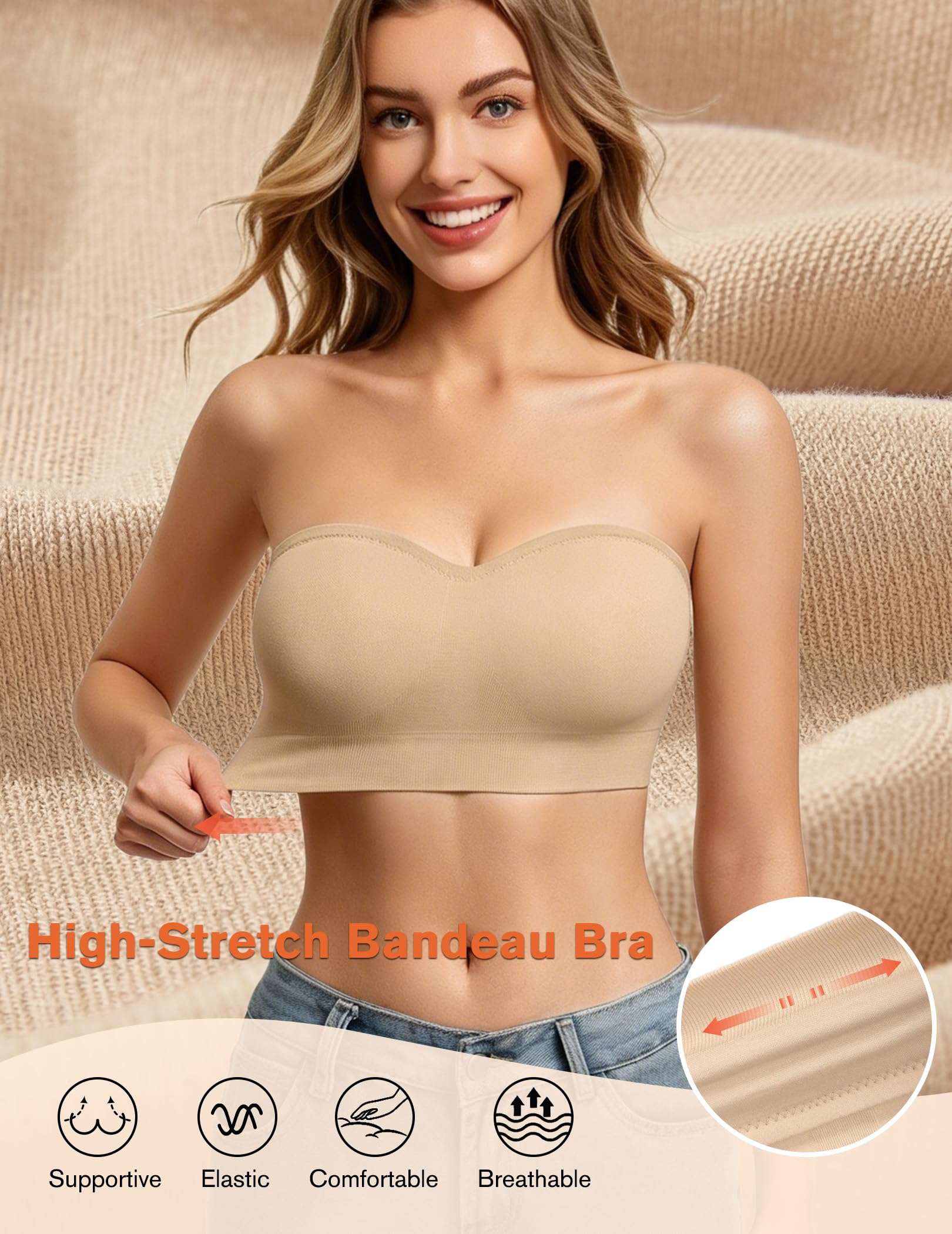 Strapless Bras for Women Non-Slip Bandeau Bra Push Up Invisible Bralettes Seamless Wireless No Underwire Padded Tube Top Bra - 4