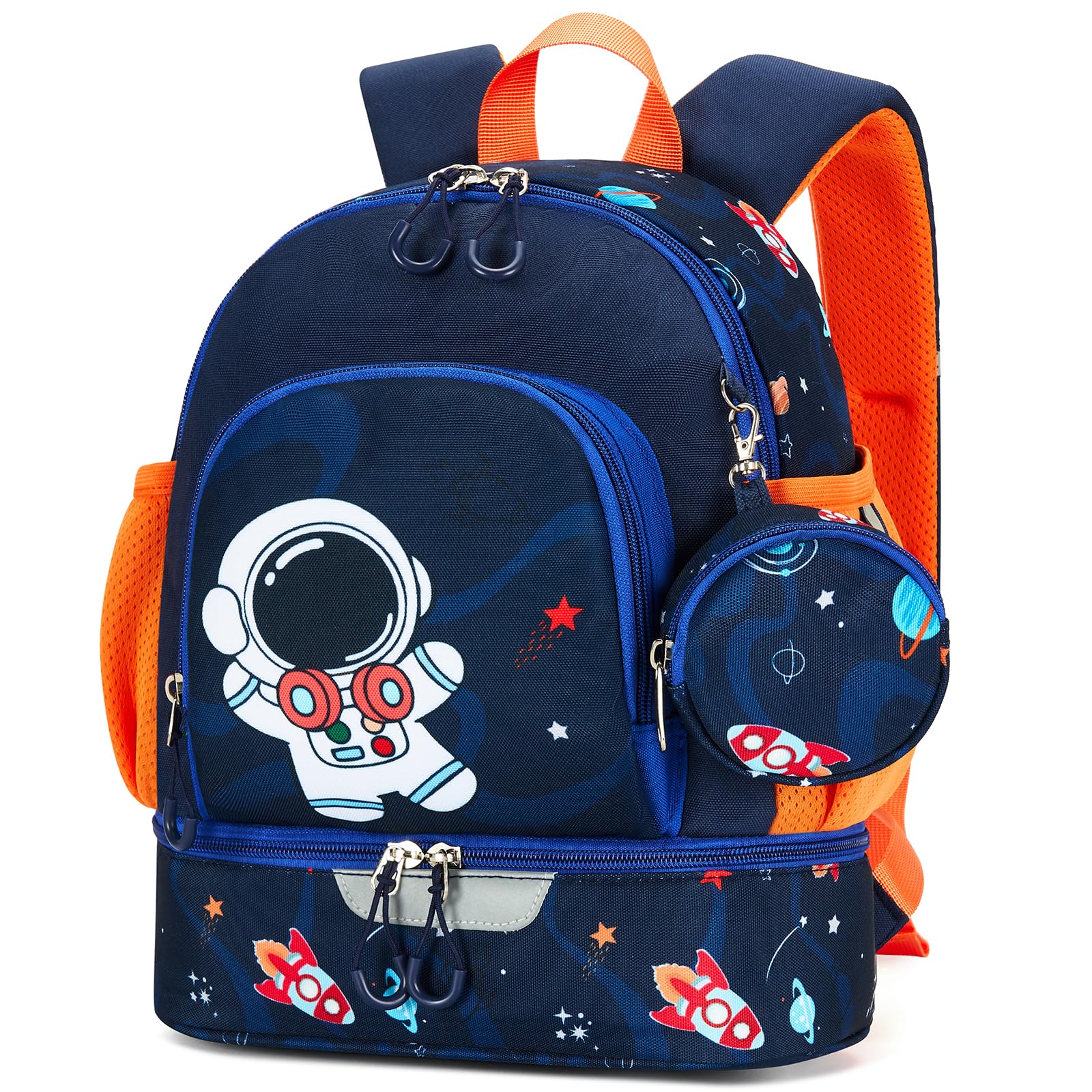 PROTAURI Zainetto Asilo Bambino con Cinturino Toracico, Zaino Bimba Asilo Riflettente con Scomparto Isolato & Portamonete, Zaino Asilo Nido Impermeabile per 2-6 Anni, 11.5L, Astronauta