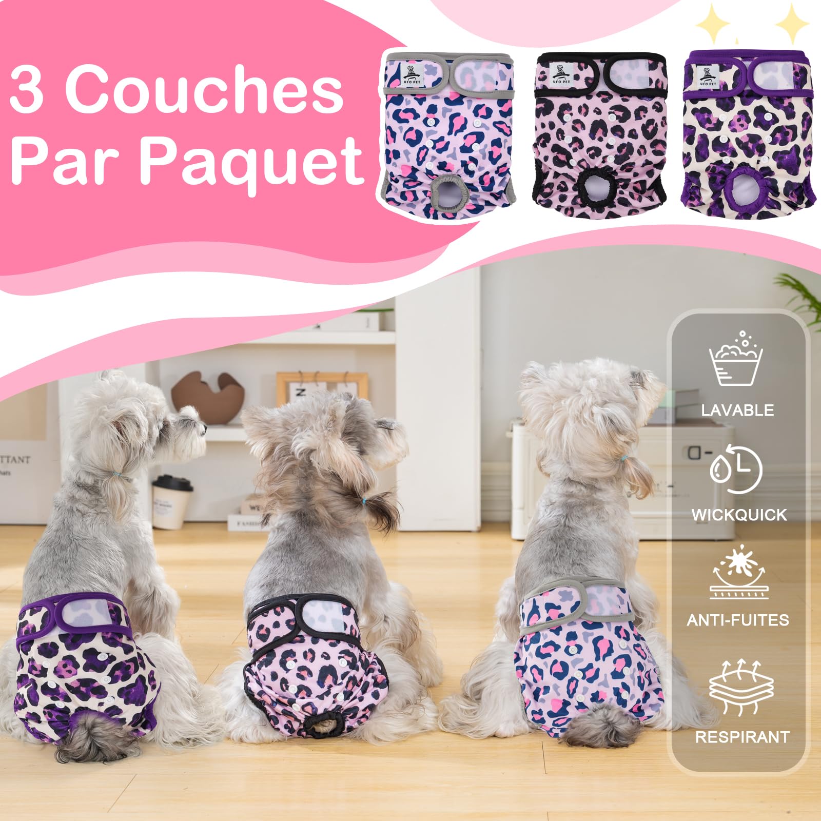 Culotte Chiennes Chaleurs M Réutilisables, Couche pour Chien Femelle Lavables (Lot de 3), Culotte très Absorbantes pour Chien avec Fermeture Forte et Flexible