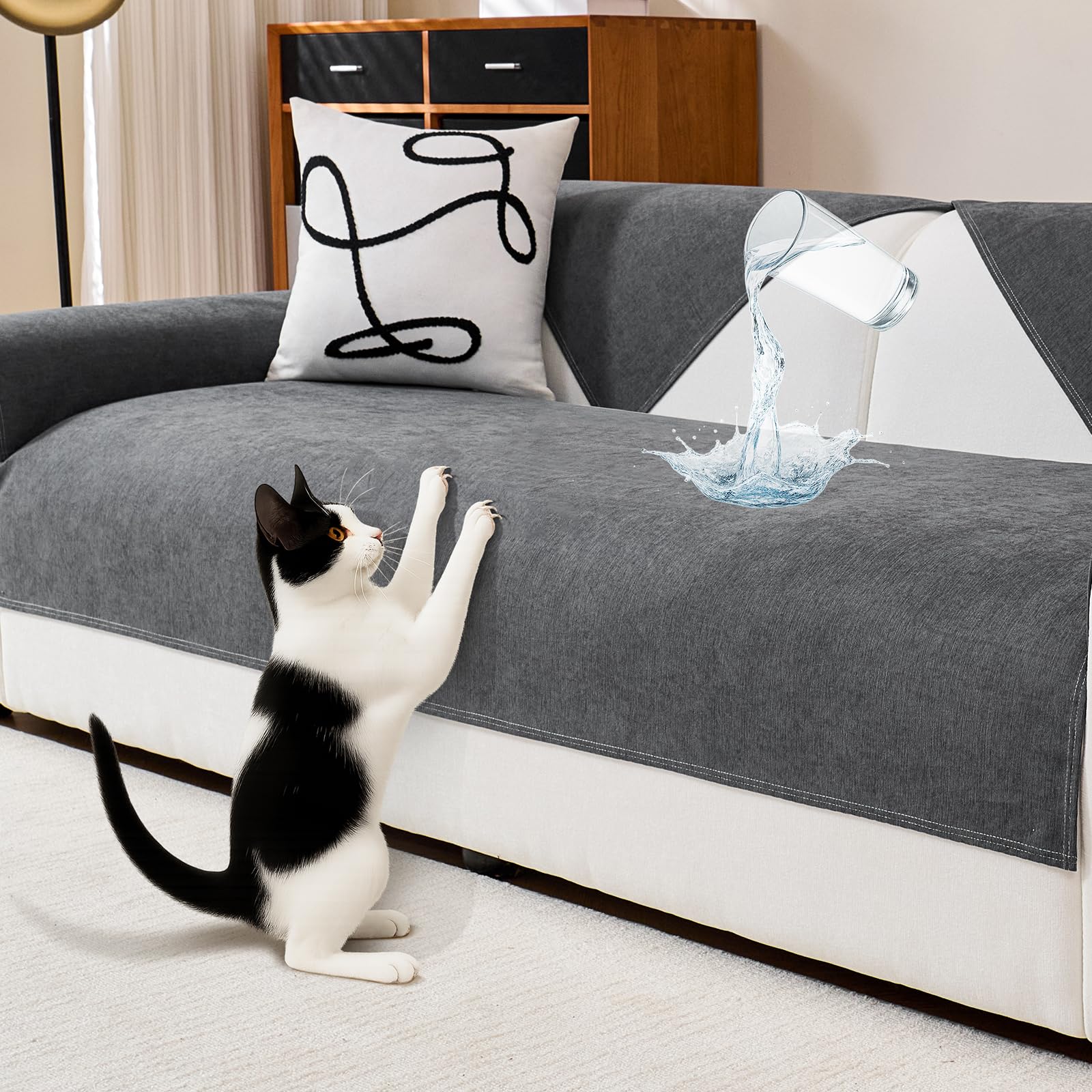 DeepDream Wasserdicht Sofa Überzug Chenille Sofabezug, Kratzfest Hund Katze Sofaschoner, Rutschfester Sofa Cover Couch Überzug 2 3 4 Sitzer für U Form L Form Sektionssofa (Dunkelgrau, 90 * 210cm)