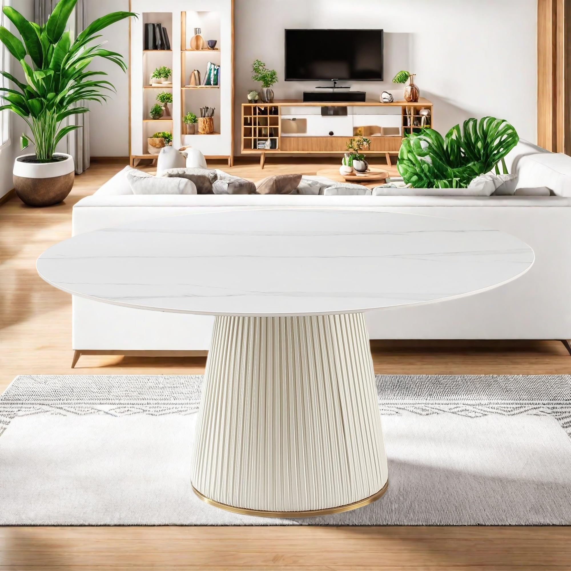 Montary 53" D Modern Round Dining Table, Marble Dining Table with Sintered Stone Tabletop and Cylindrical-Shape Design Leather Base Dining Room Table