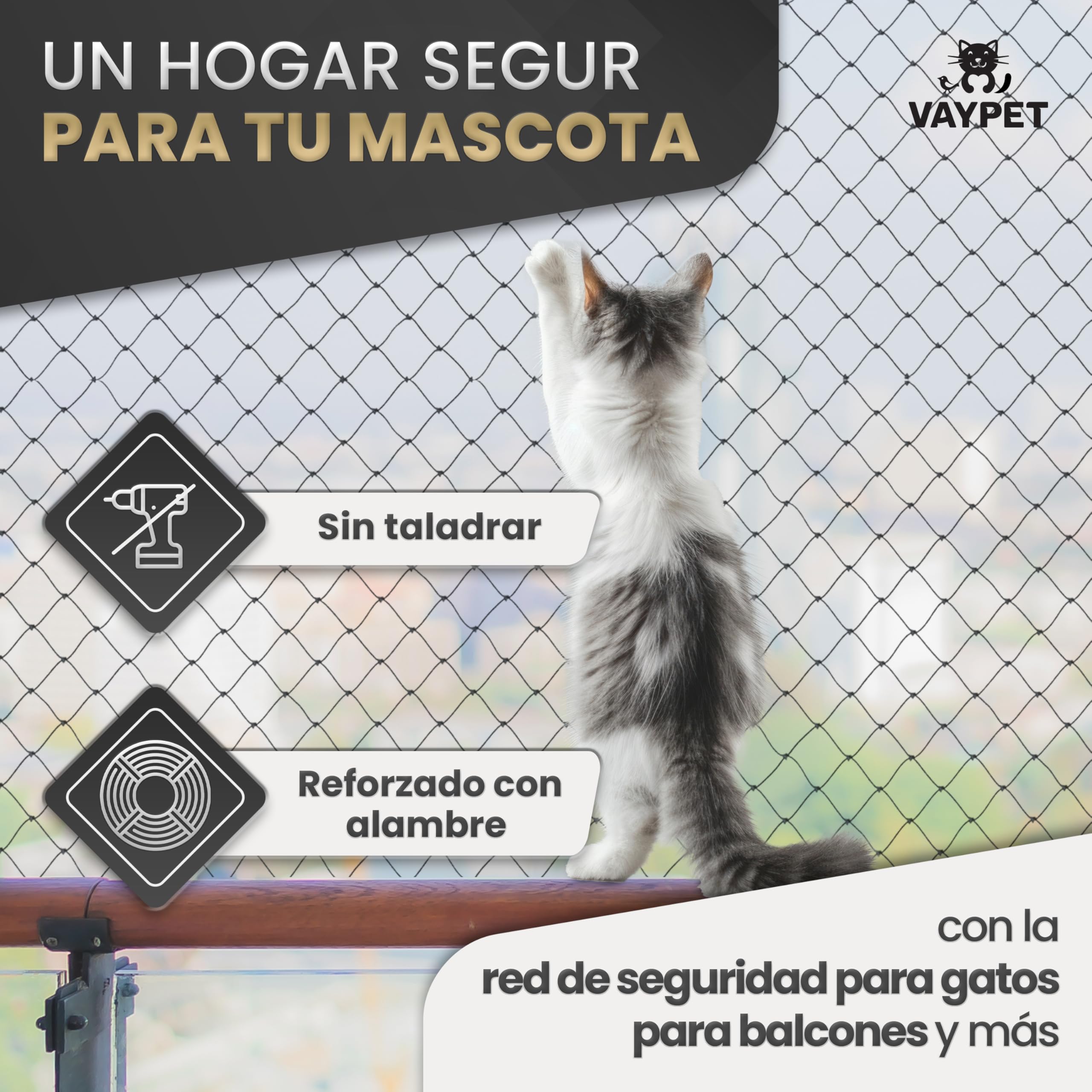 VAYPET® Red para Gatos Terraza sin Taladro [6x3m] - Red Reforzada | Incluye Ganchos + Pegamento Silicona | Red reforzada con Alambre | Protección Gatos para Terraza, Balcón