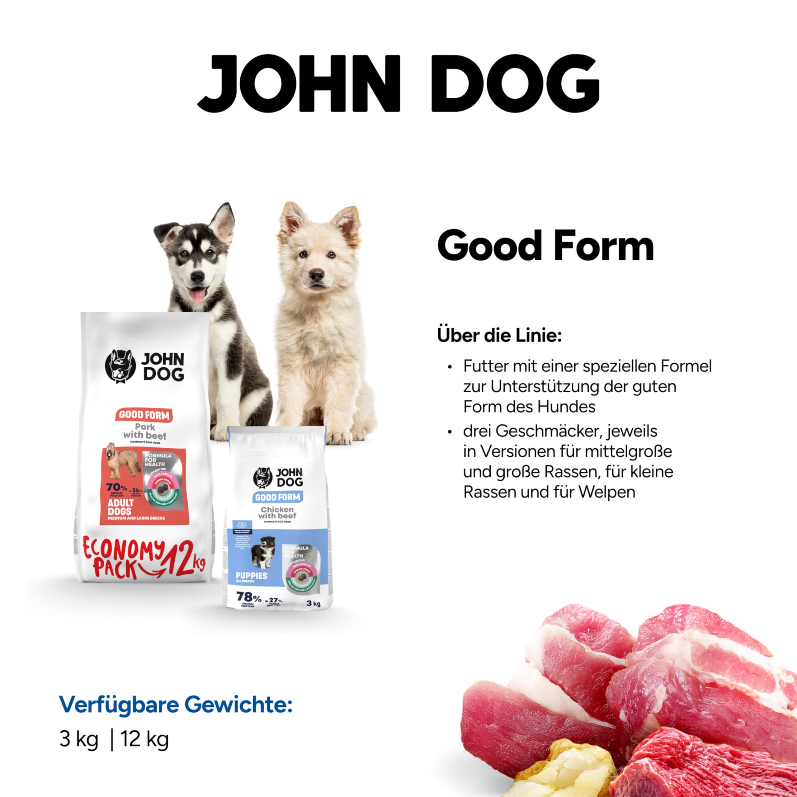 JOHN DOG Hundefutter für Welpen Aller Rassen - Good Form Schwein mit Rind -Trockenfutter für Hunde - Getreidefreies Welpenfutter 12kg