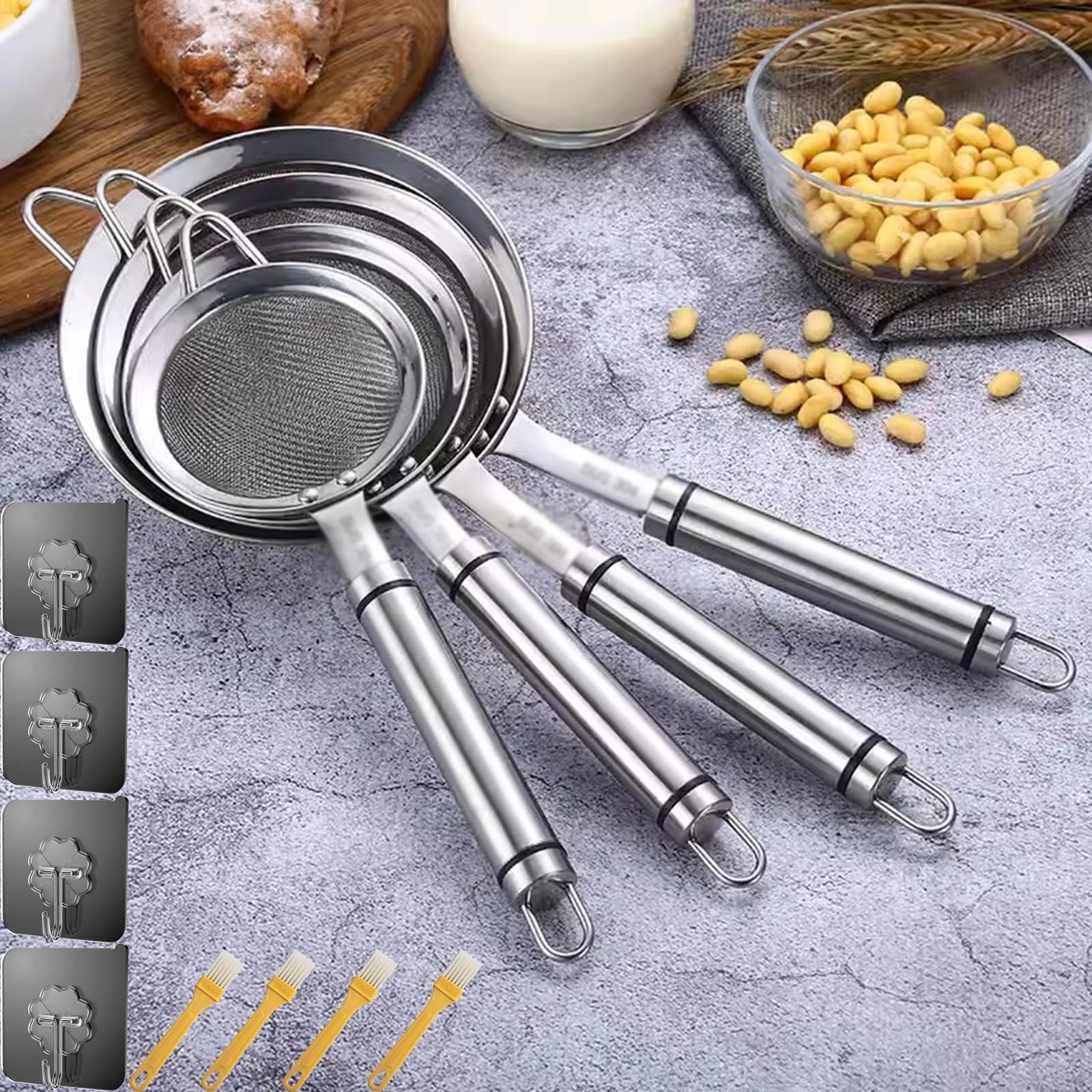 Juego de 4 coladores de acero inoxidable para cocina, 8,5/10/12/14 cm, con mango reforzado para cocinar, quinua, harina, arroz