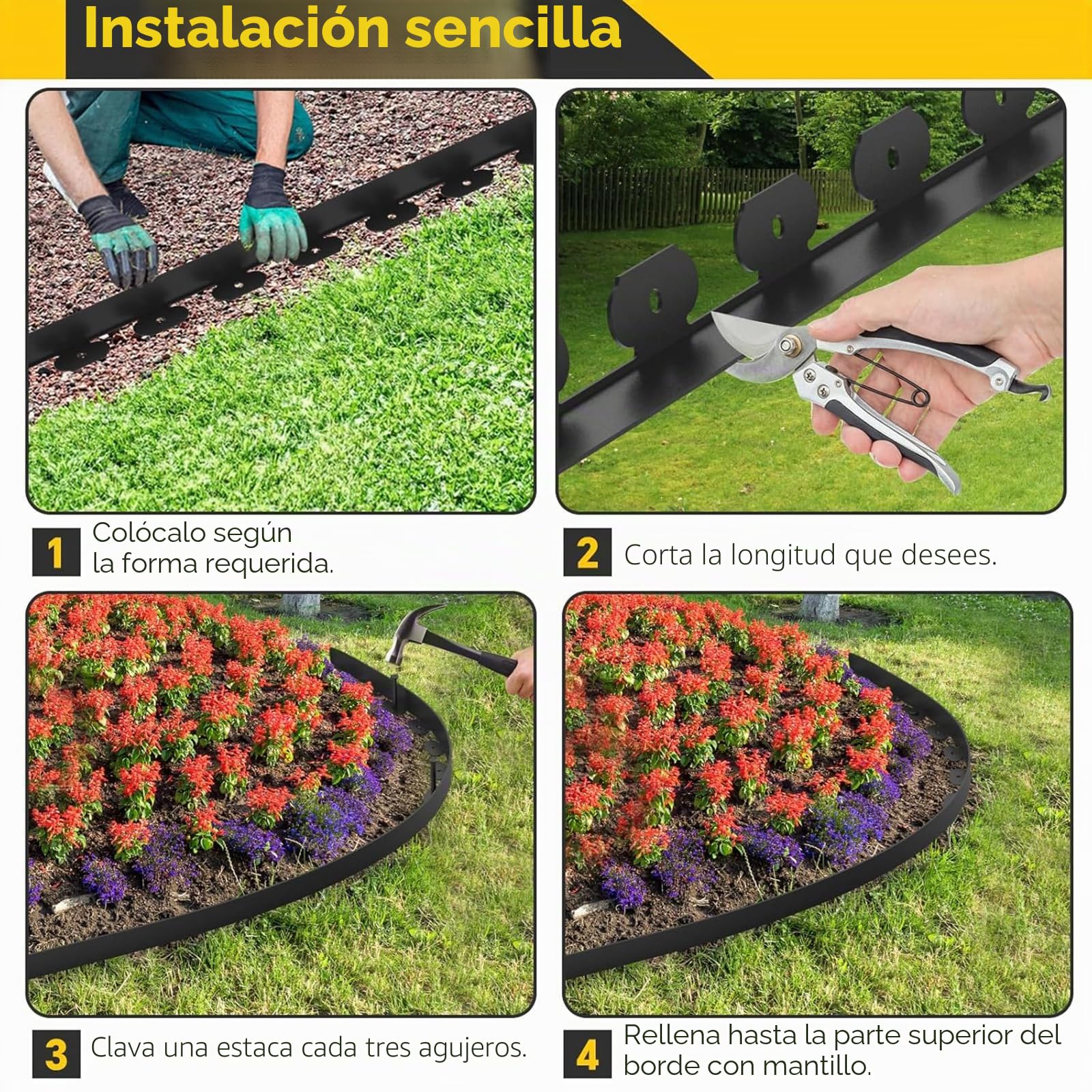 Borde De CéSped En Forma De L, Tira De 10 M con 30 Estacas De FijacióN, Ideal para Aislar CéSped Y Piedras, Y para Crear Zonas Verdes En Jardines Y Parques (Negro, Altura 5 cm)