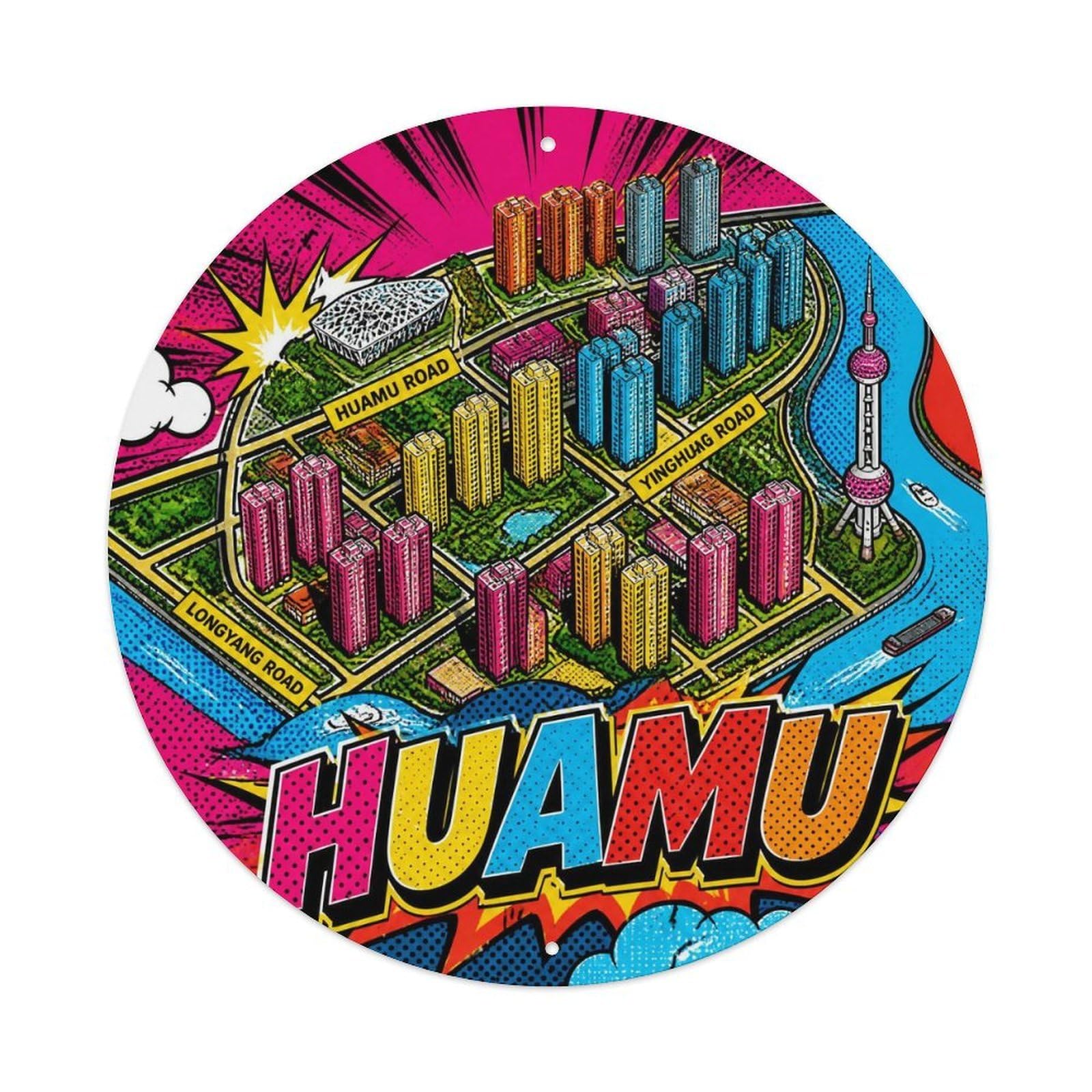Okngb Style Memphis Geometry Shanghai Huamu District Retro Lines Metal Tin Sign Plaque Wall Decor For Cafe, Man Cave, Club Bar, Office, Home Garden Round Metal Poster 8X8inch