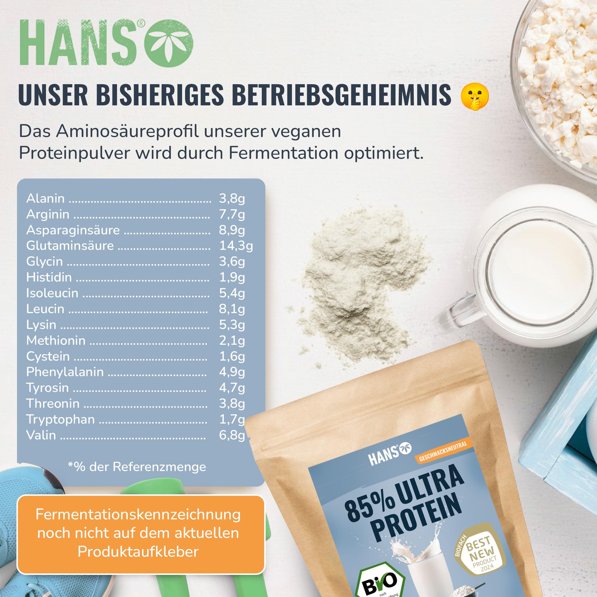 HANS Brainfood Veganes Proteinpulver neutral - Bio Zertifiziert aus Bayern - 85% pflanzliches Eiweißpulver aus Erbse, Reis & Hanfprotein - Ohne Süßungsmittel - Cremig & gut löslich, 1Kg