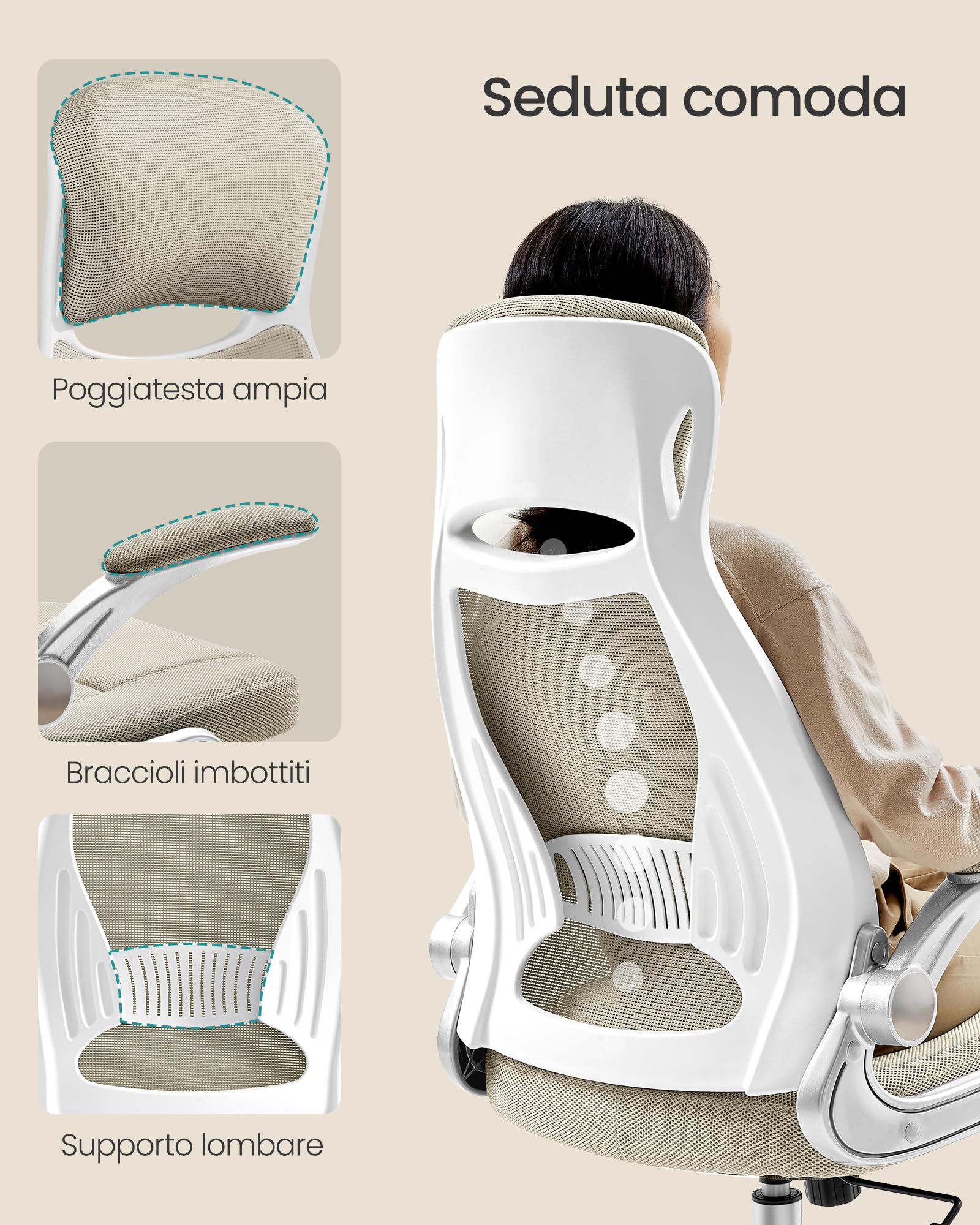 SONGMICS Sedia da Ufficio, Poltrona Girevole, con Braccioli Ribaltabili, Poggiatesta e Supporto Lombare, Inclinazione ad Oscillamento, Superficie in Rete, Beige Cappuccino OBN086K01