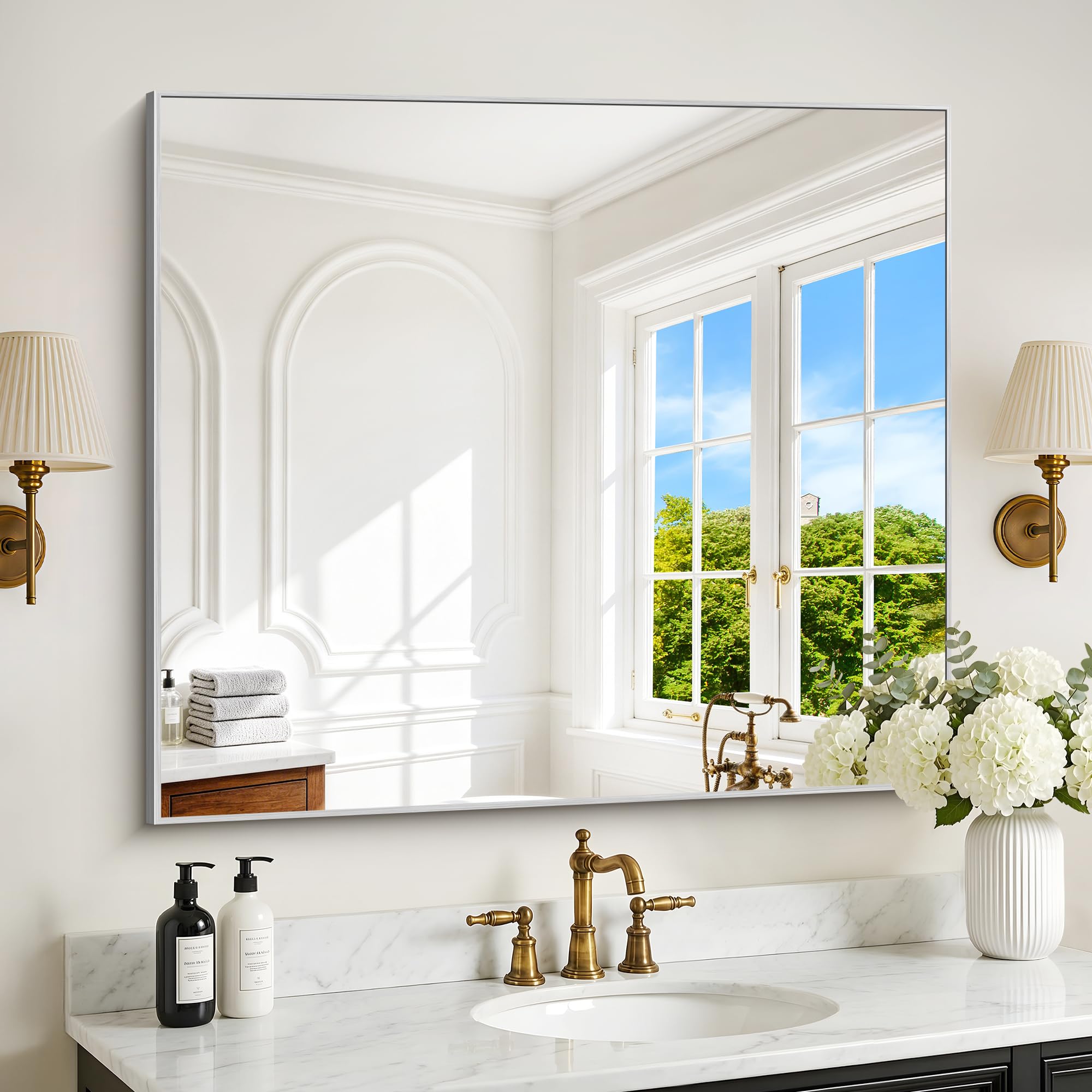 DESBING 36" x 40"Bathroom Mirror, Silver Rectangle Corner Wall Mirror with Metal Frame, Decorative Rectangular Vanity Mirror for Bedroom Bathroom Living Room Entryway (Horizontal/Vertical)