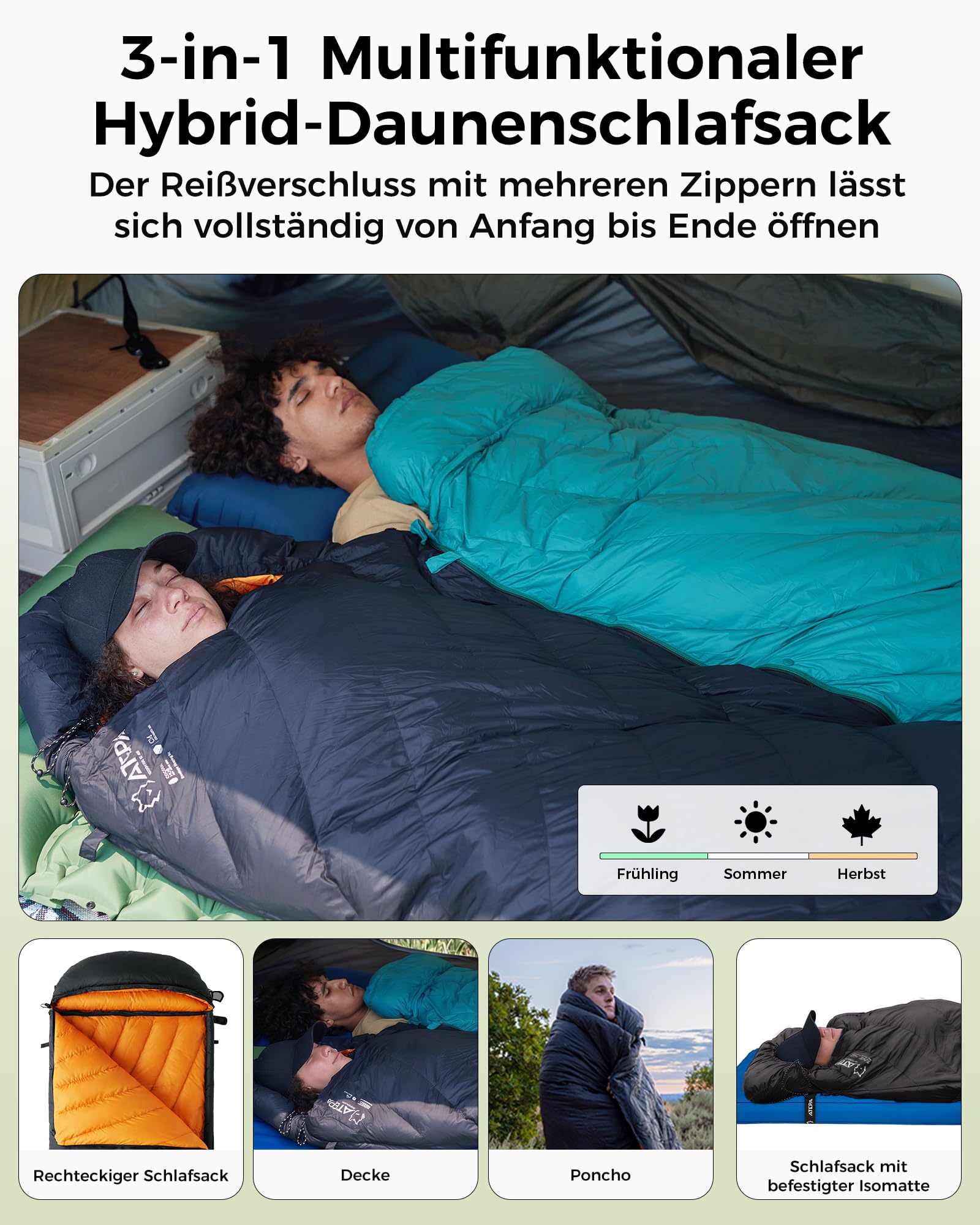 ATEPA Ultraleichter Daunenschlafsack 650/700FP, 3-Jahreszeiten (12°C / 6°C / -1°C), Leicht & Kompakt, Wasserabweisend, Ideal für Camping, Wandern, Trekking & Rucksackreisen, Mit Kompressionssack