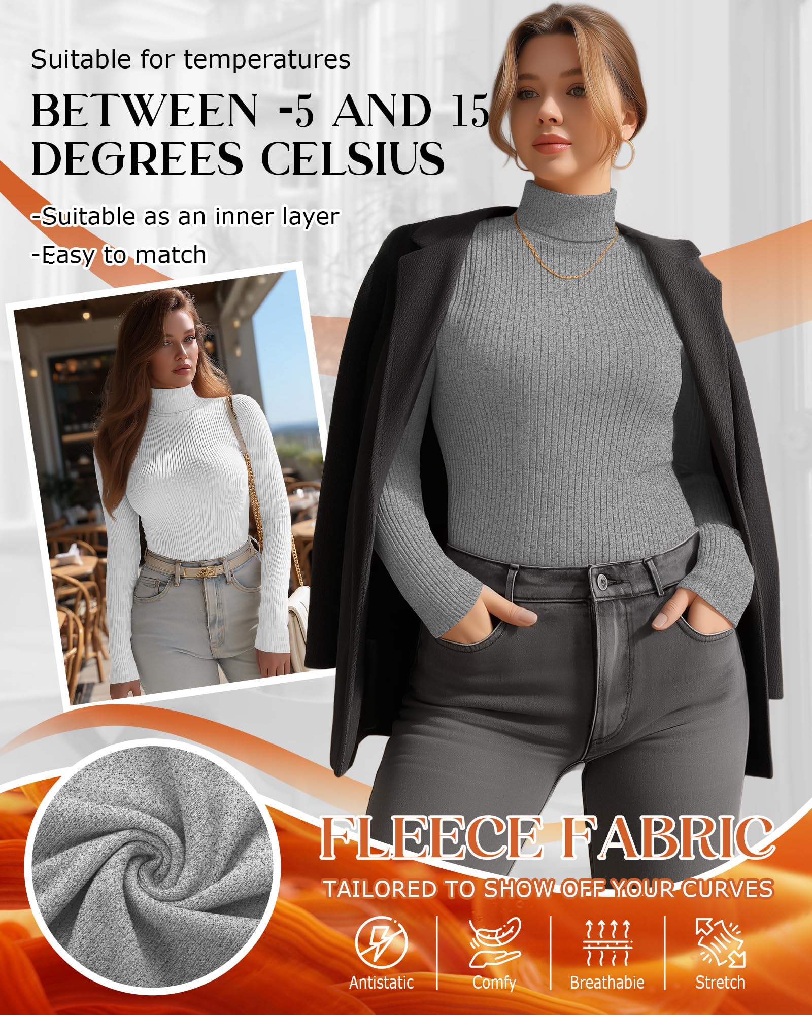 Ficerd Lot de 3 Hauts Femme Grandes Tailles | T-Shirts Manches Longues Côtelés, Sous-Pull Thermique, Coupe Slim, Extensible, Vêtement d'Hiver