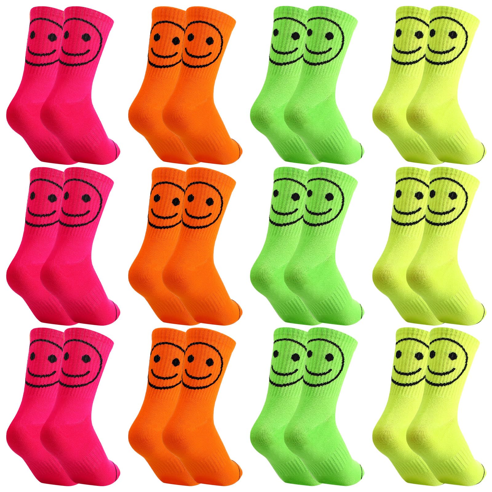 ShinyMatch 12 Pairs Neon Socks Cute Smiling Face Socks Neon Smile Face Socks Novelty Neon Crew Socks for Women Teen Girl