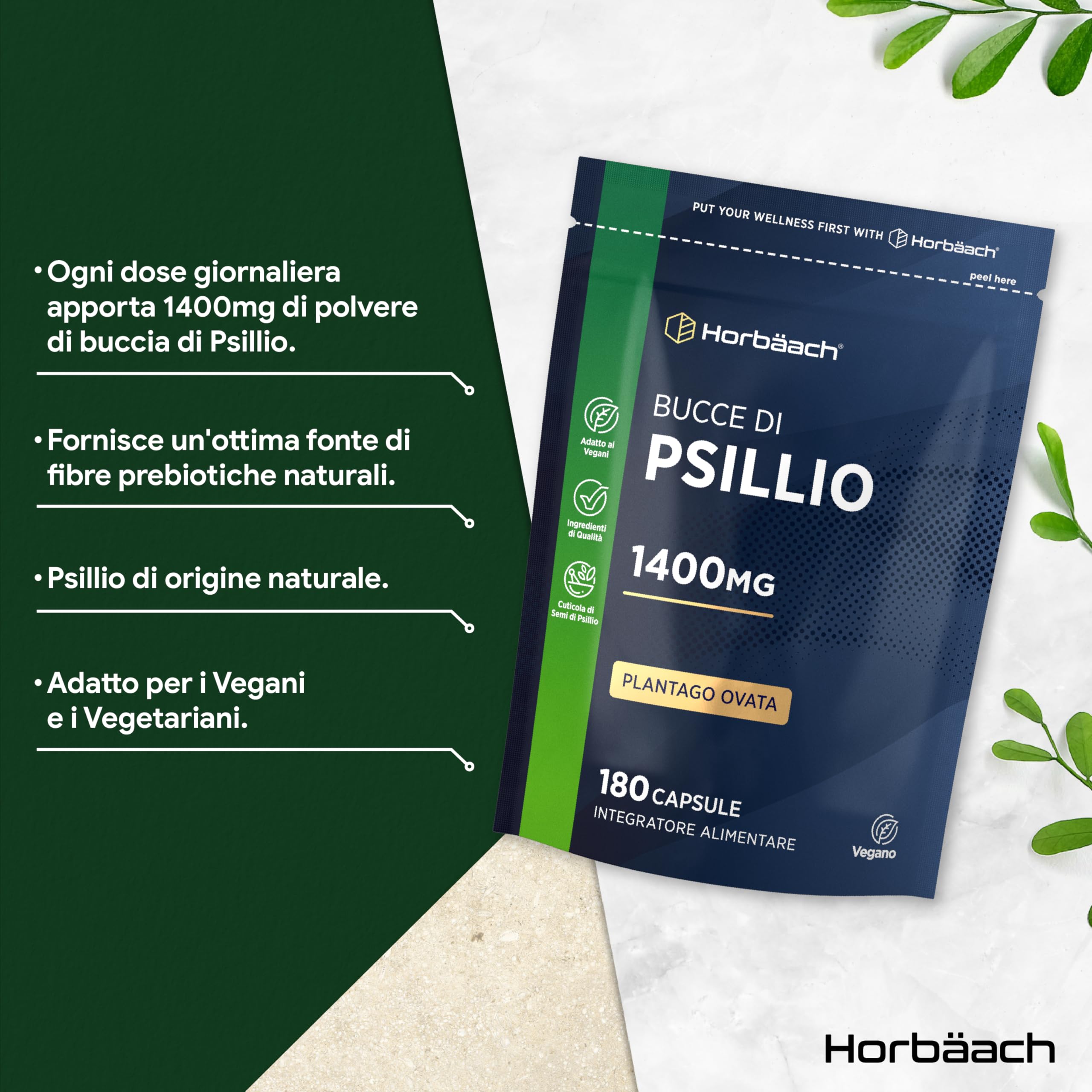 Psillio Capsule | 1400 mg | Buccia di Psillio in Polvere | Alto Dosaggio | 180 Capsule Vegane per 3 Mesi | Integratore di Fibre | Prebiotico Naturale | Psyllium Husk | Horbaach