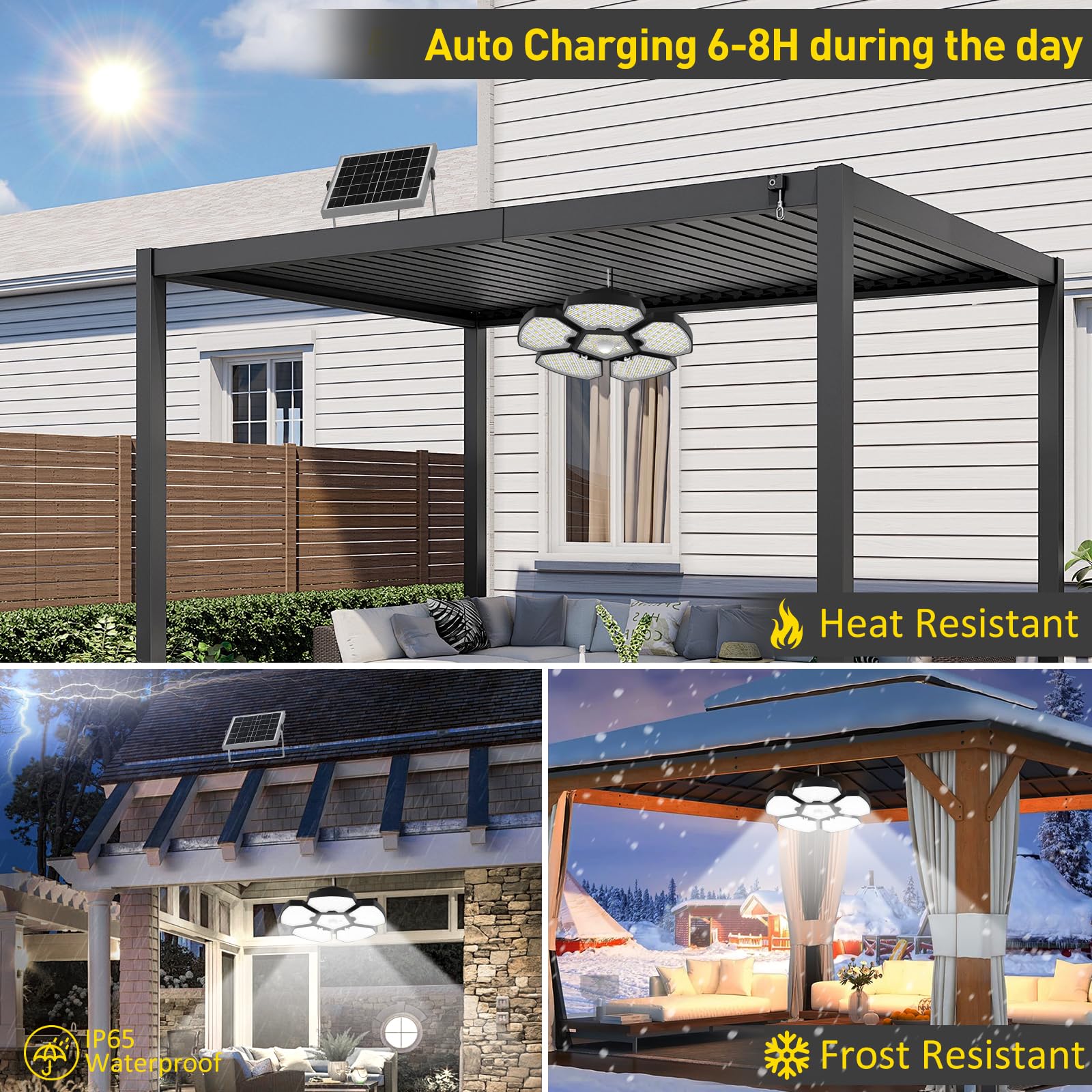 T-SUNUS Lámparas Solares Colgantes Exterior, Luz Solar Exterior Interior Sensor Movimiento, 5 Modos Iluminación Temporizador Memoria 4 Brillo IP65 Impermeable, para Terraza Casa Garaje Balcón Jardín