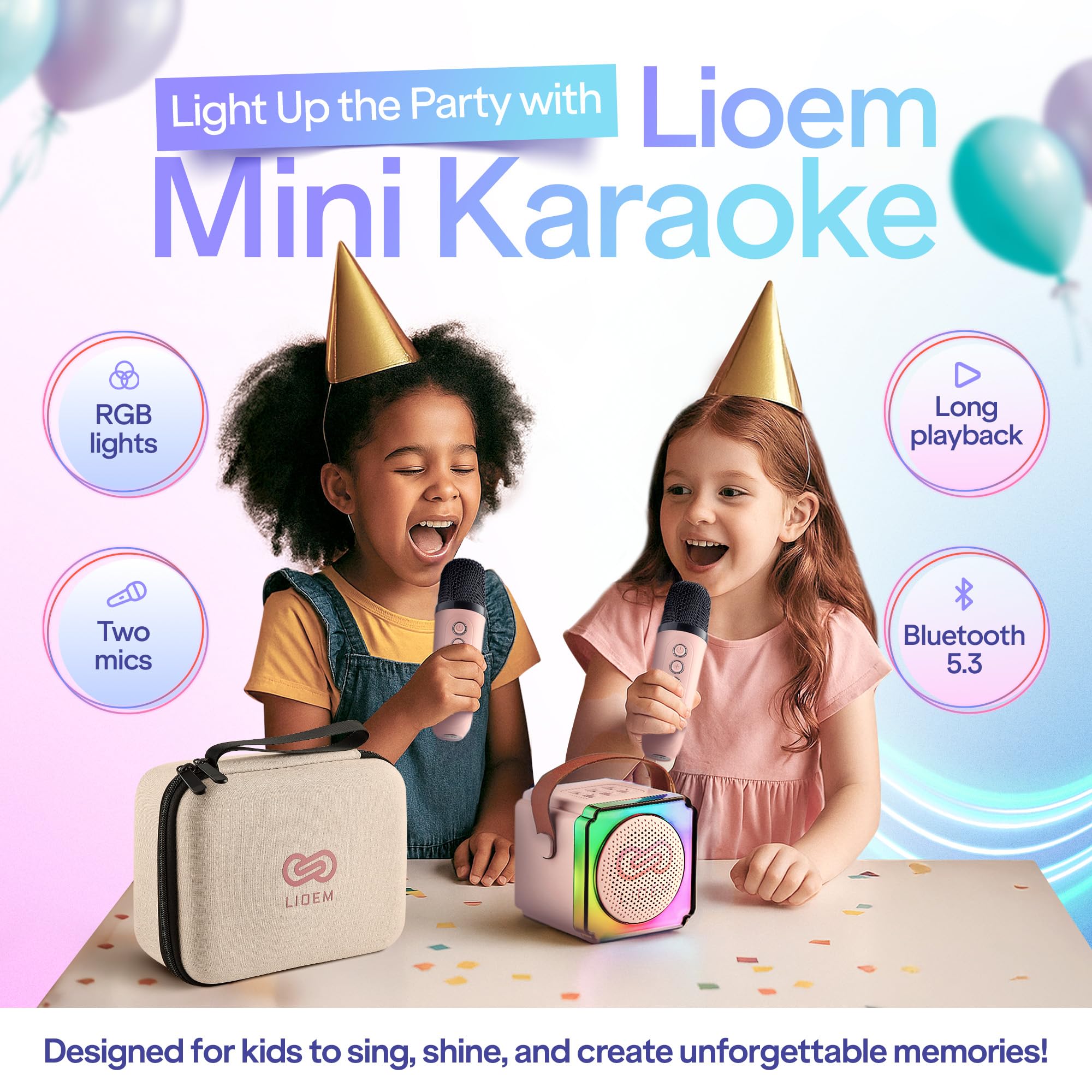 LIOEM Mini Karaoke Machine for Kids | Kids Karaoke Machine for Girls and Boys w/ 2 Wireless Bluetooth Microphones | Clear-Sound Mini Kareoke and Speaker | Speaker and Microphone Set for Children