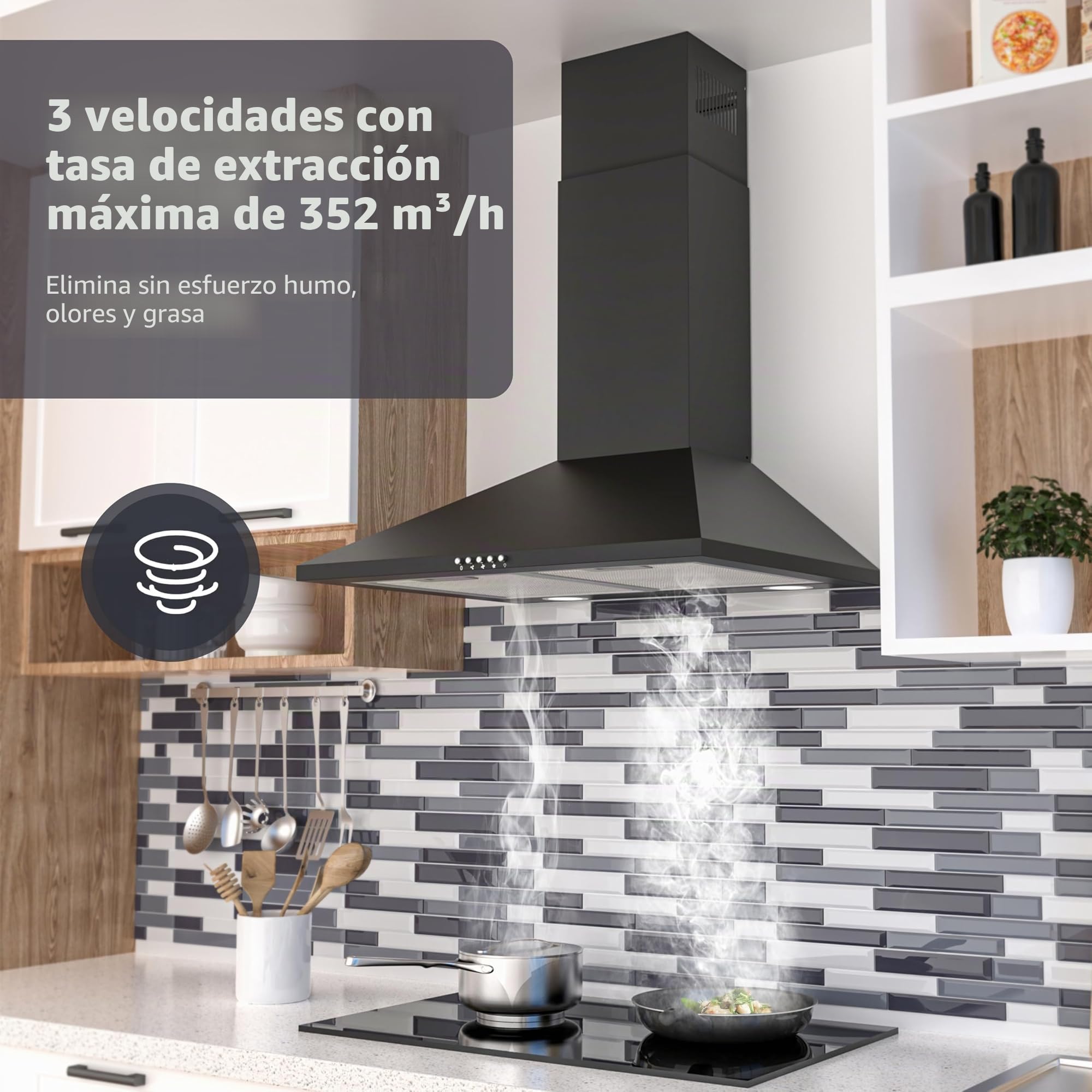 FIREGAS Campana extractora 60cm, Motor sin escobillas, 3 velocidades, 352m³/h, Canalizado y Recirculación, Iluminación LED, Filtro de carbón incluida, Clase A++ Campana decorativa Negra