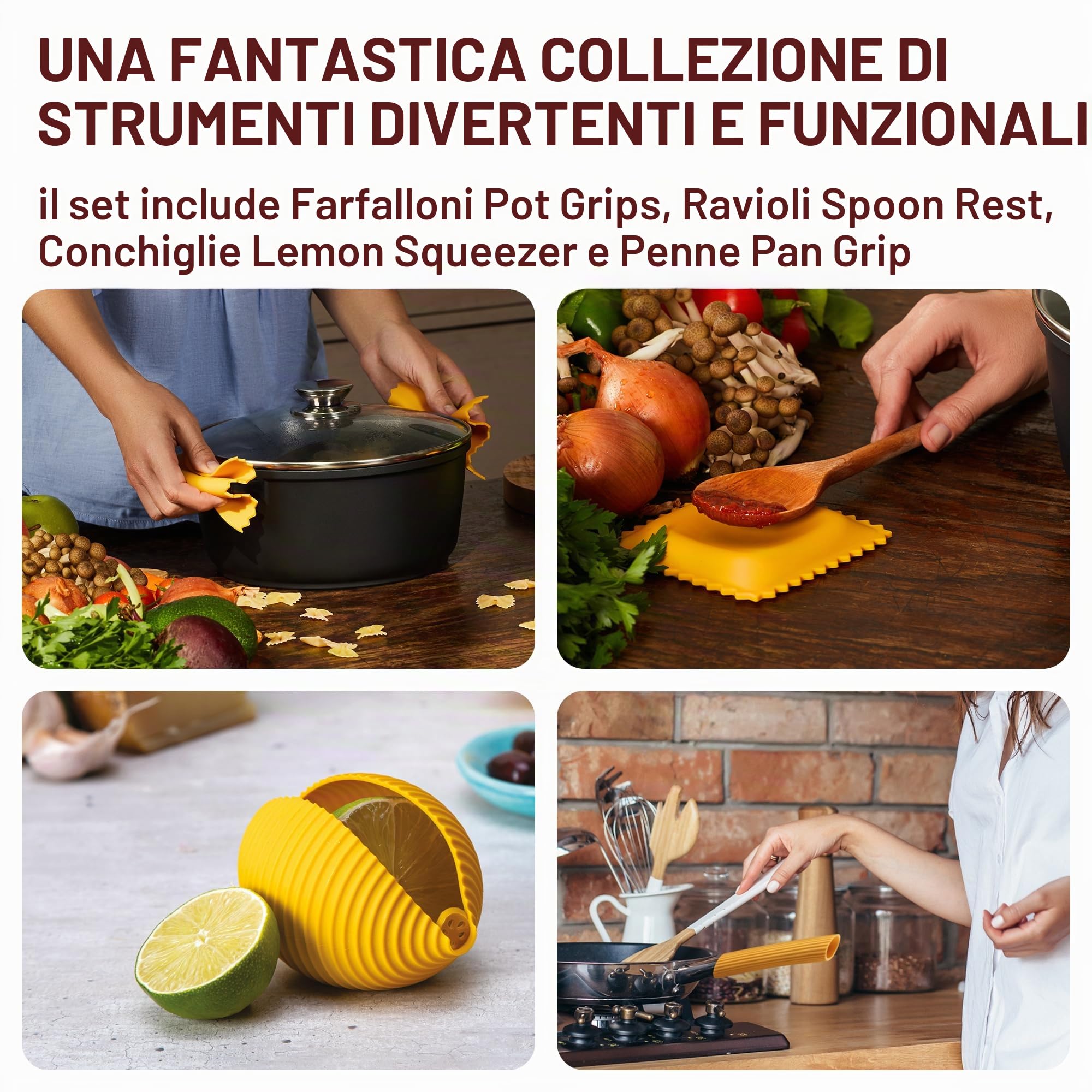 Monkey Business Utensili da cucina in silicone in confezione regalo/4 gadget da cucina a forma di pasta grande/impugnature per farfalloni, poggiamestolo per ravioli, spremiagrumi e impugnatura per