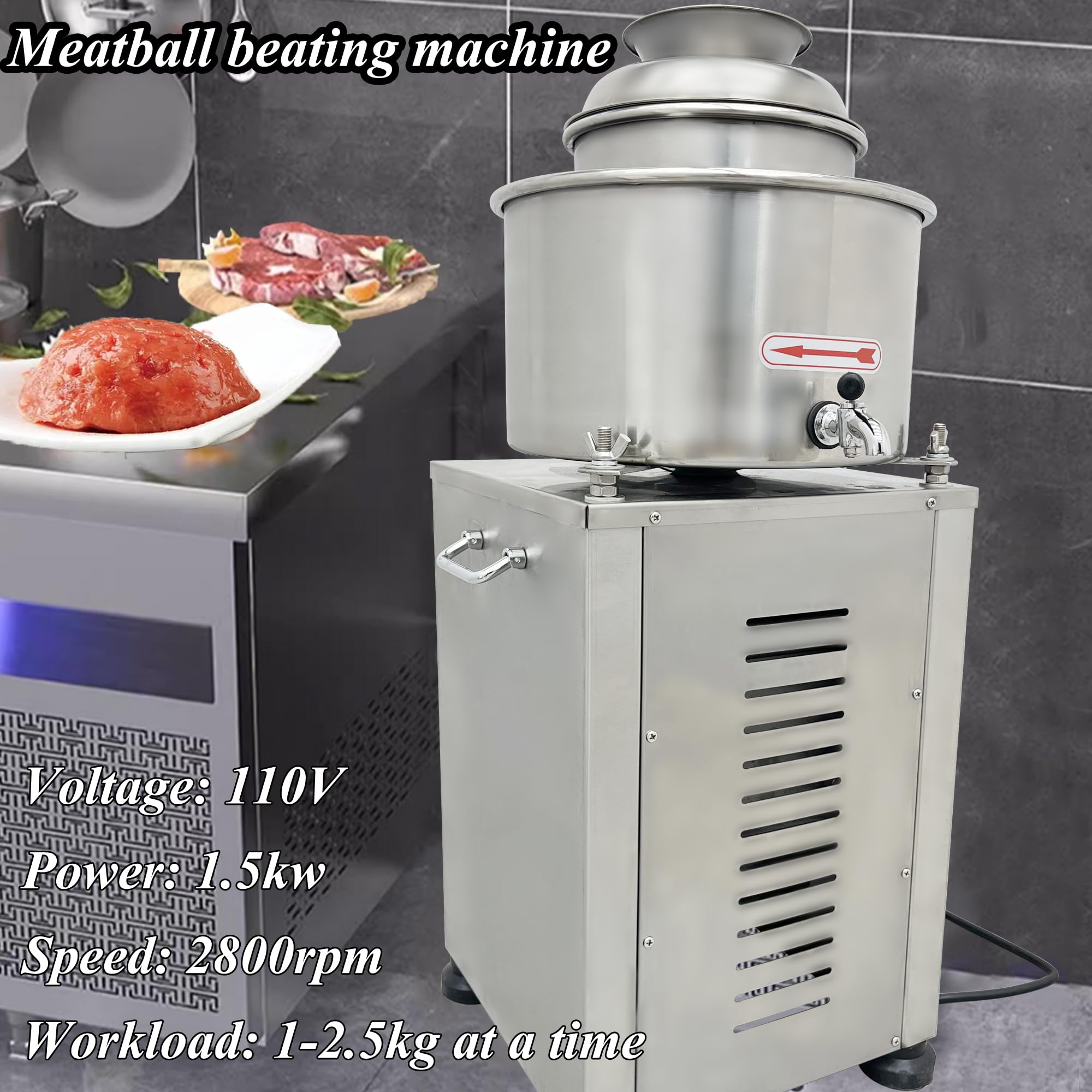 HQHAOTWU Meatball Beating Machine Stainless Steel Meat Puree Making Machine Meat Paste Grinder Electric Food Processor 7.87in Inner Cylinder Electric Meatball Mincer with 2 Blades 110V
