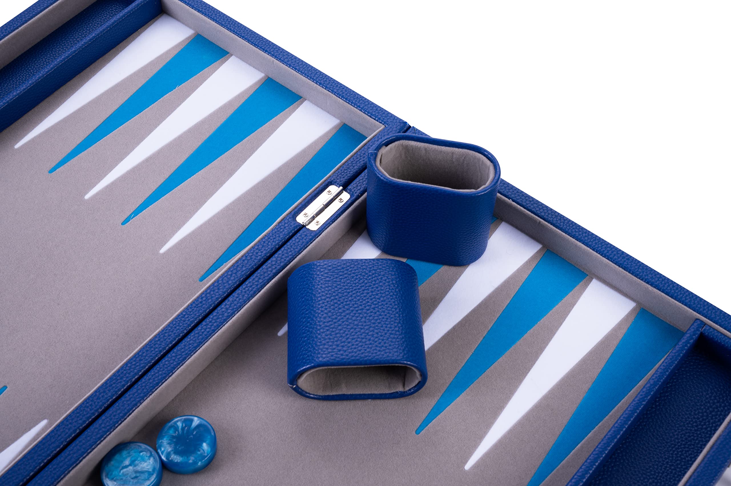 Engelhart - 250526 - Backgammon di Lusso 18" (45,5 cm) Blu/Bianco - Valigetta Elegante in Similpelle - Interno in Feltro - Dadi e Pedine Madreperla - Gioco da Tavolo per Adulti e Famiglie