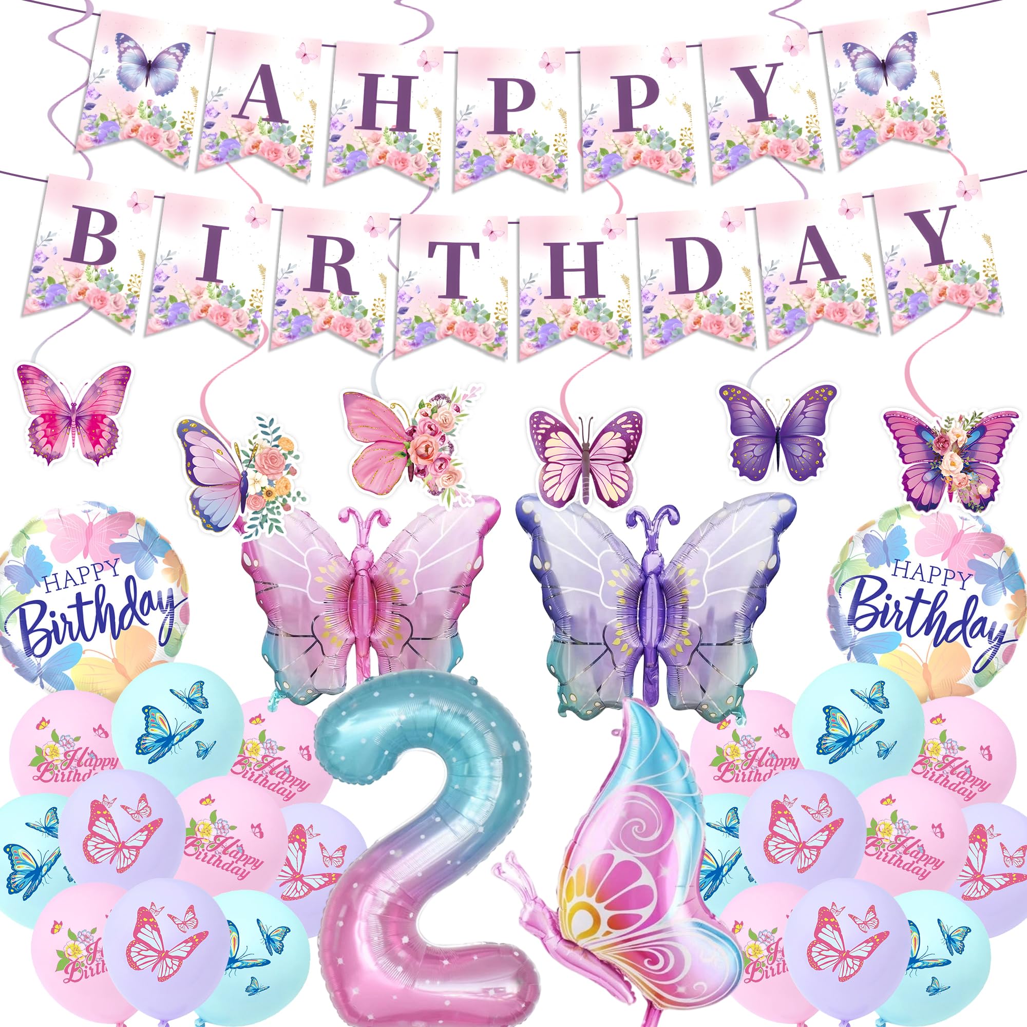 Butterfly 2nd Birthday Decorations Party - 34 Pcs Purple Happy Birthday Banner Hanging Swirls Number 2 Balloons Decor Girls Party Supplies for 2 Year Old Girl Home Party Celebrations