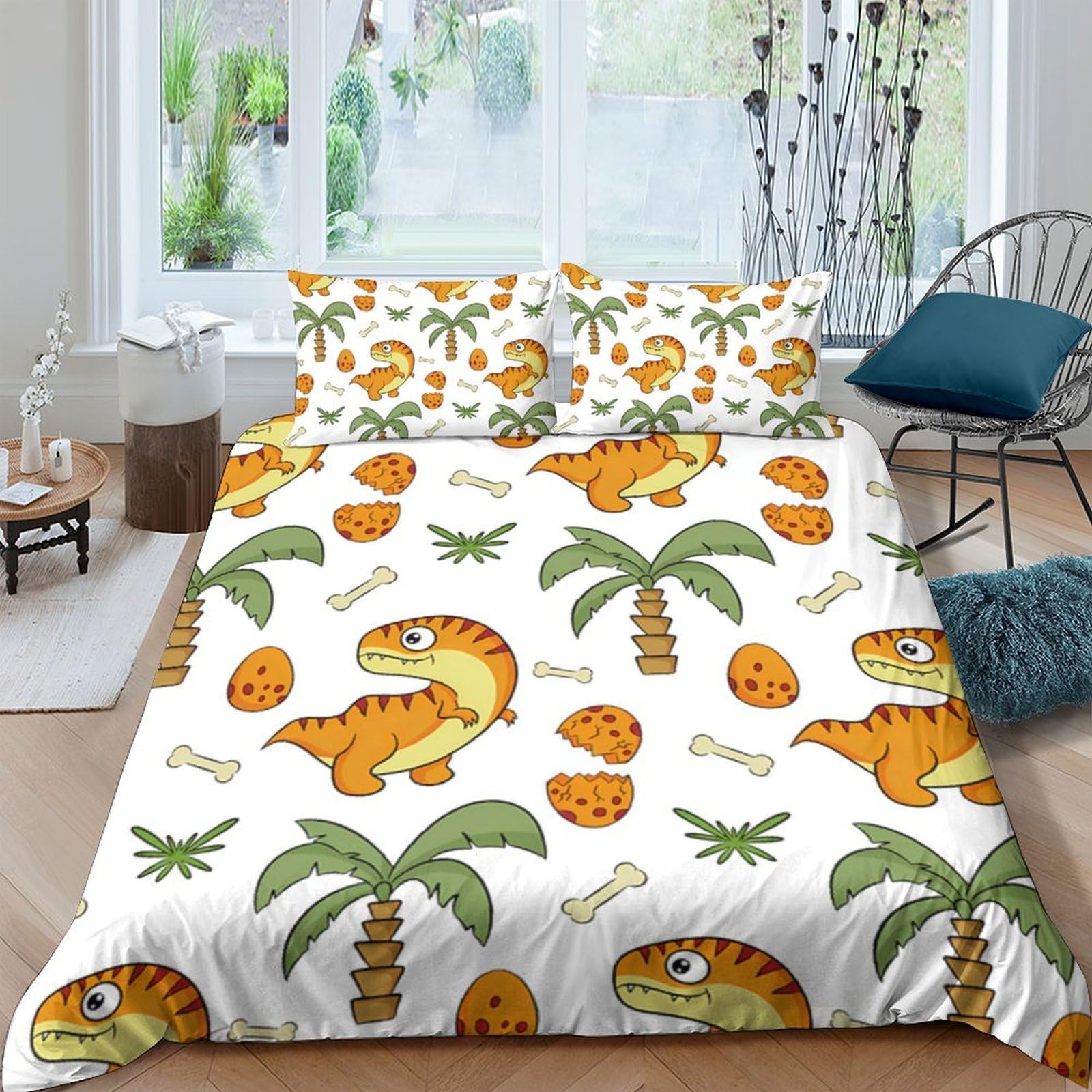 Ctjqhvkz Style-3 3D Printed Cartoon Dinosaur Fitted Sheet Microfiber Soft Orange Palm Tree Bed Cover For Bedroom Dorm Mattress Decor Single（135X200cm）