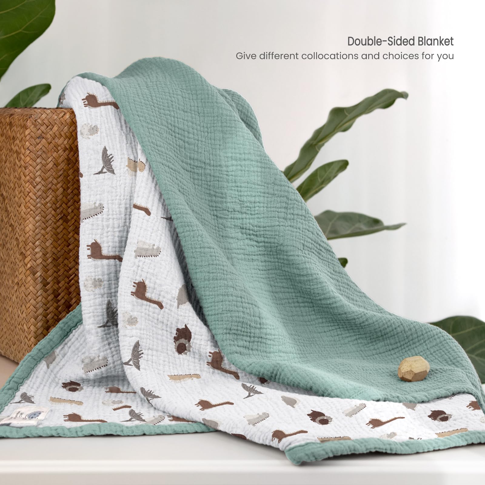 lulumoon Manta de muselina para bebé, manta de algodón para niños pequeños, manta reversible para cuna de bebé, niños y niñas, 47 x 47 pulgadas (dinosaurio salvia)