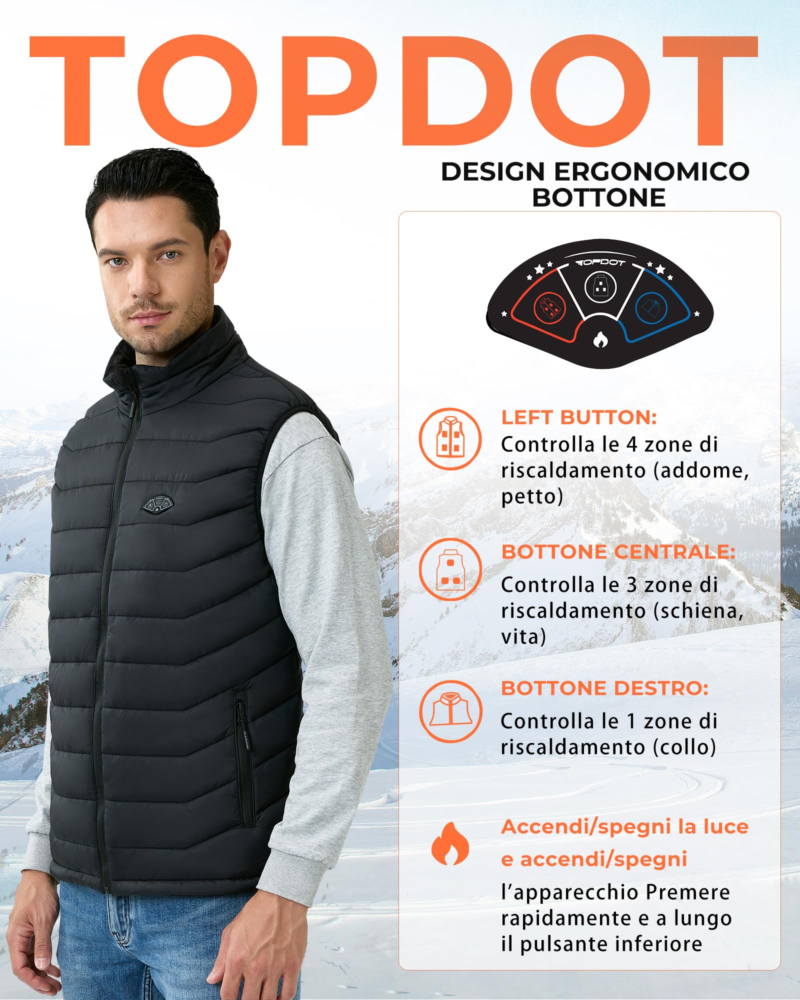 Topdot Gilet Riscaldato Uomo con Batteria 7.4V 16000mAh, 8 Zone di Riscaldamento, Giubbotto Riscaldata Elettrico 3 Temperature, Giacca Riscaldata Invernale per Sciare All'aperto Moto Pesca
