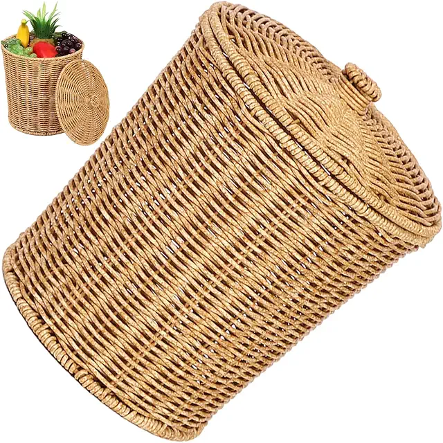 Cestino in Vimini con Coperchio - Cesto Portaoggetti Rotondo in Rattan per Casa