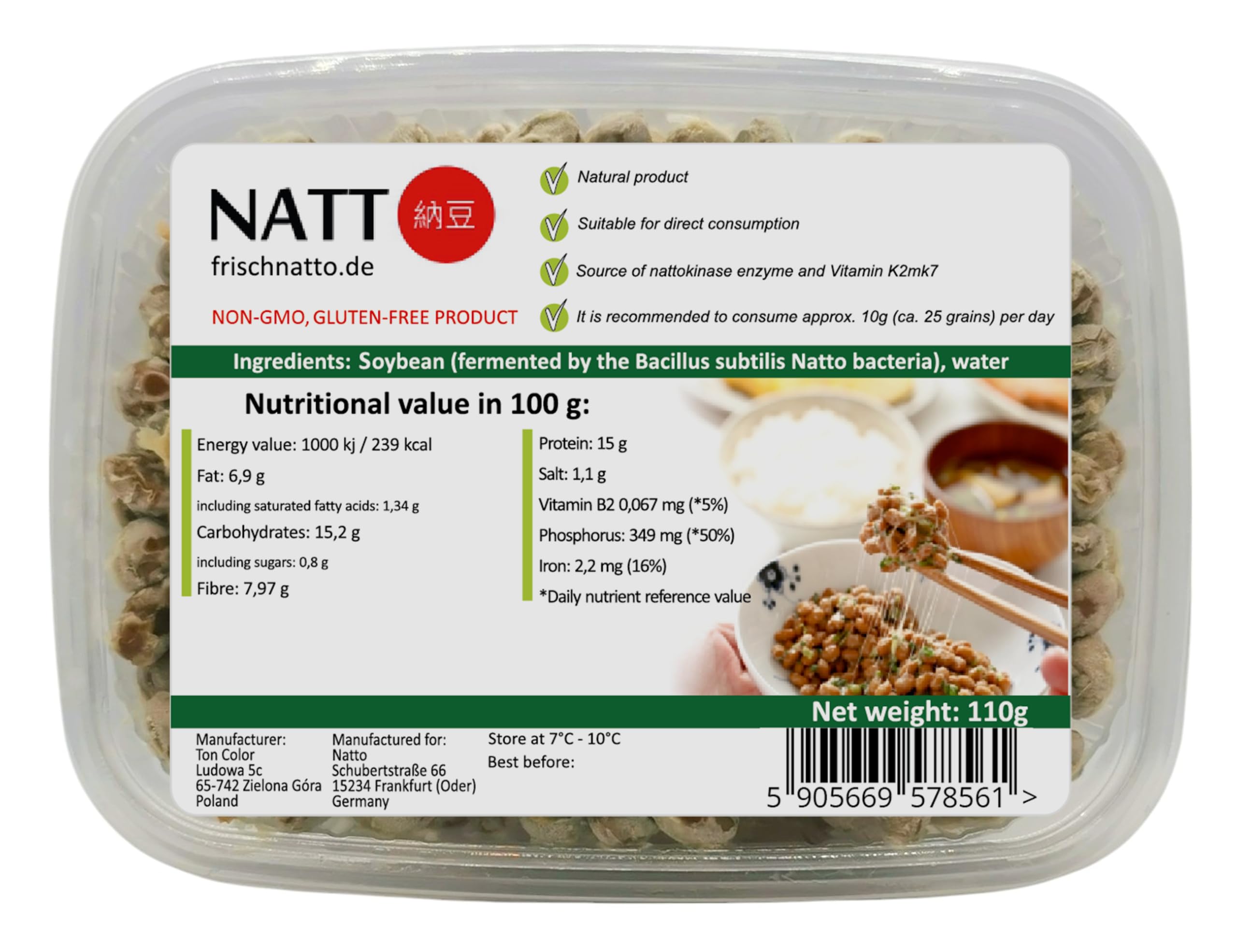 Natto (Fresh) - Vitamin K2mk7, Nattokinase, Isoflavones, Probiotic Bacteria