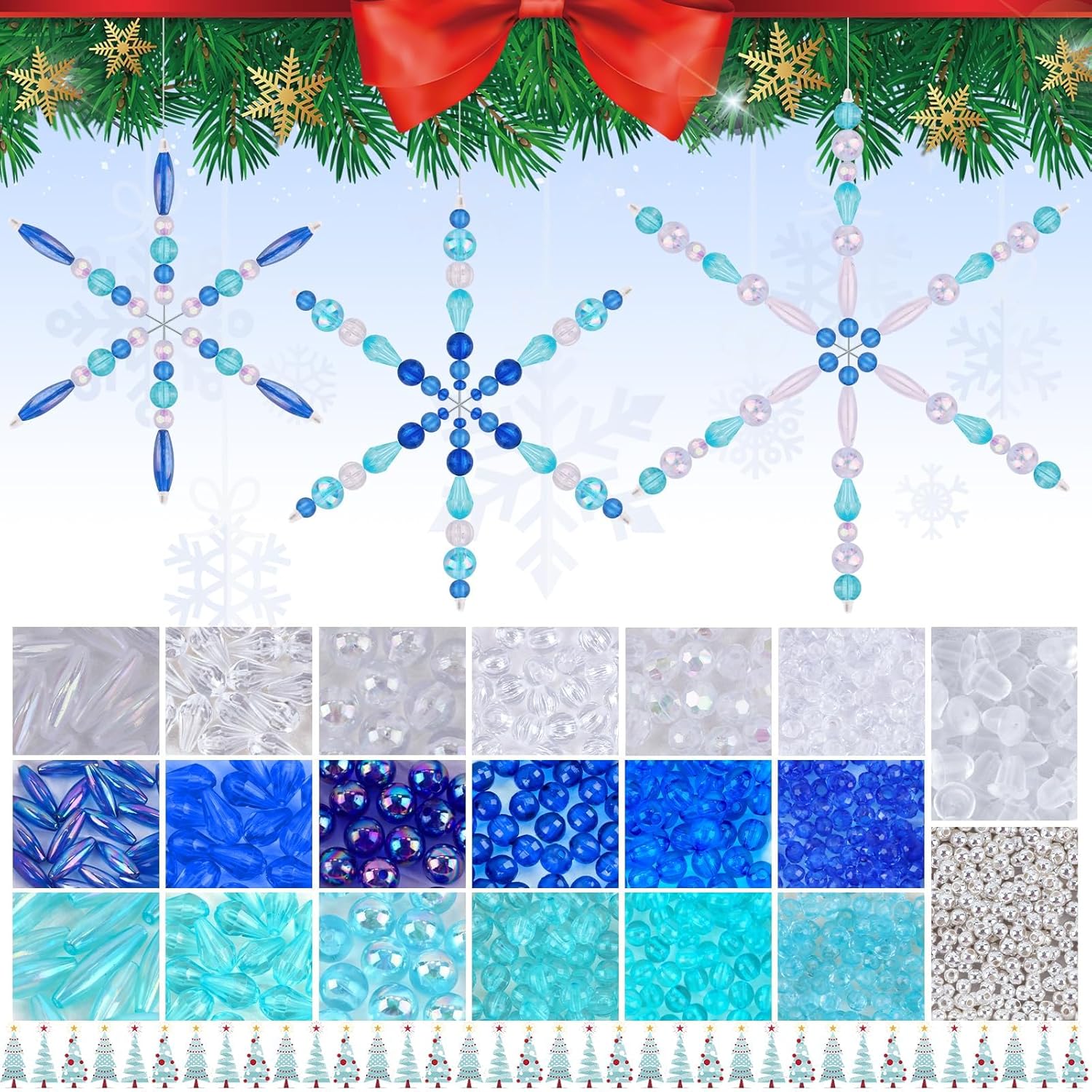 Kalolary 1314PCS Christmas Snowflake Wires Bead Kit, Xmas Metal Snowflake Beads Ornament 24PCS Metal Snowflake Wire with Blue White Pearl Beads Handicraft for DIY Craft Decor (Assemble Need)