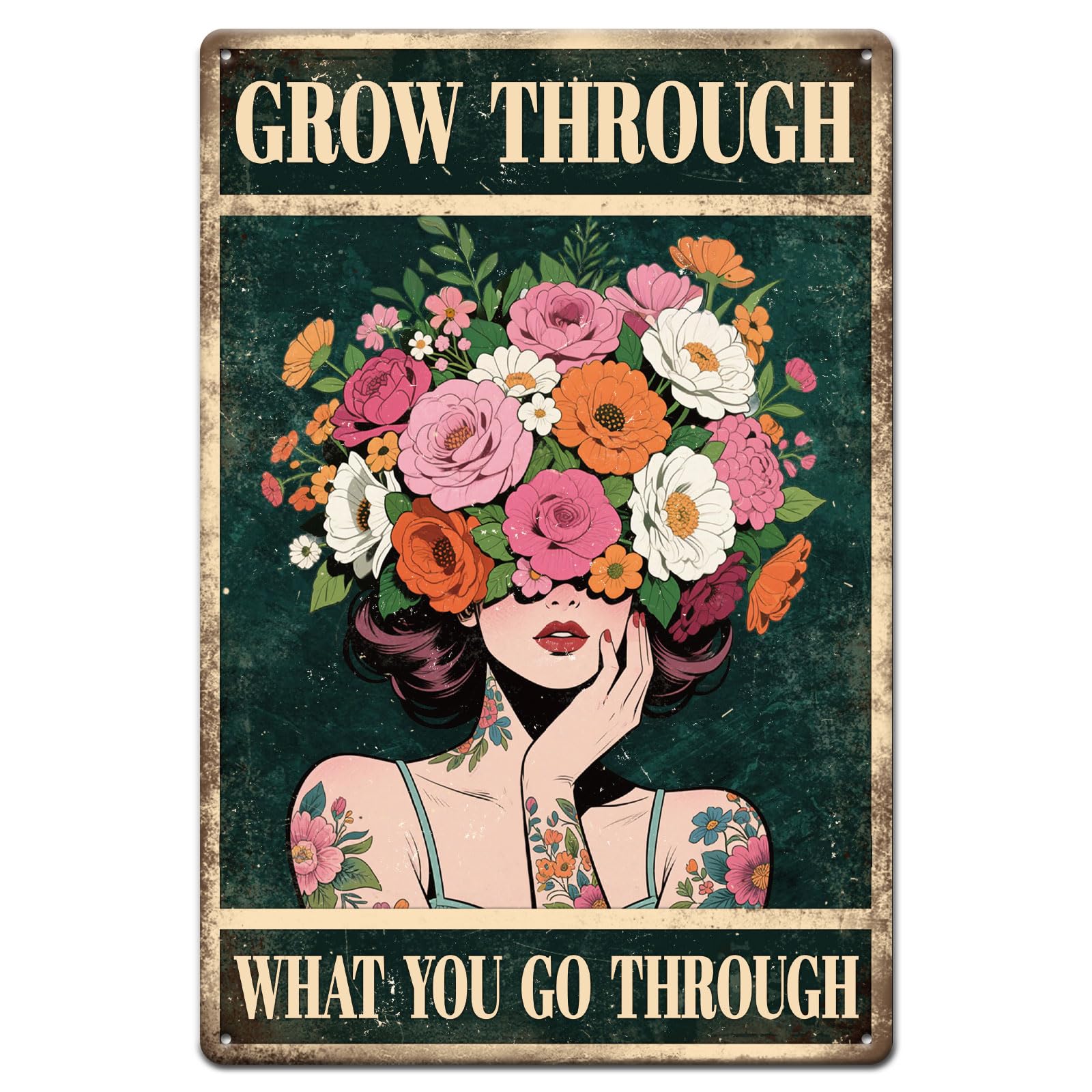 GLOBLELAND Flower Lady Metal Tin Sign "Grow Through What You Go Through" Vintage Metal Tin Poster 12x8inch Inspirational Retro Wall Art Signs Decor for Office Bedroom Kitchen Living Room Cafes Bar