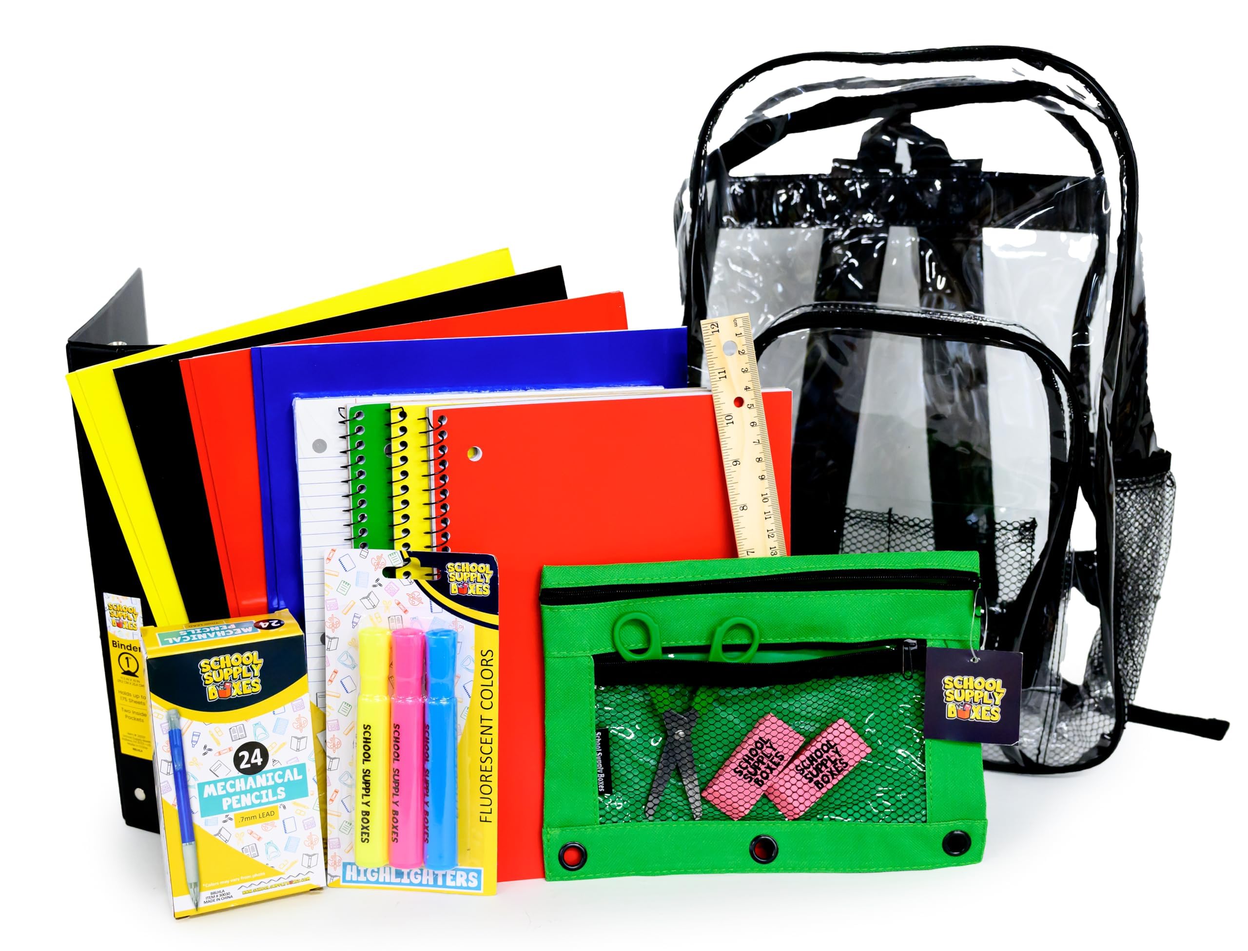 School Supply Boxes | 17" Clear Backpack Bundle for High School | Back to School Bookbag with Supplies | Contains Pencil Pouch, Notebooks, Filler