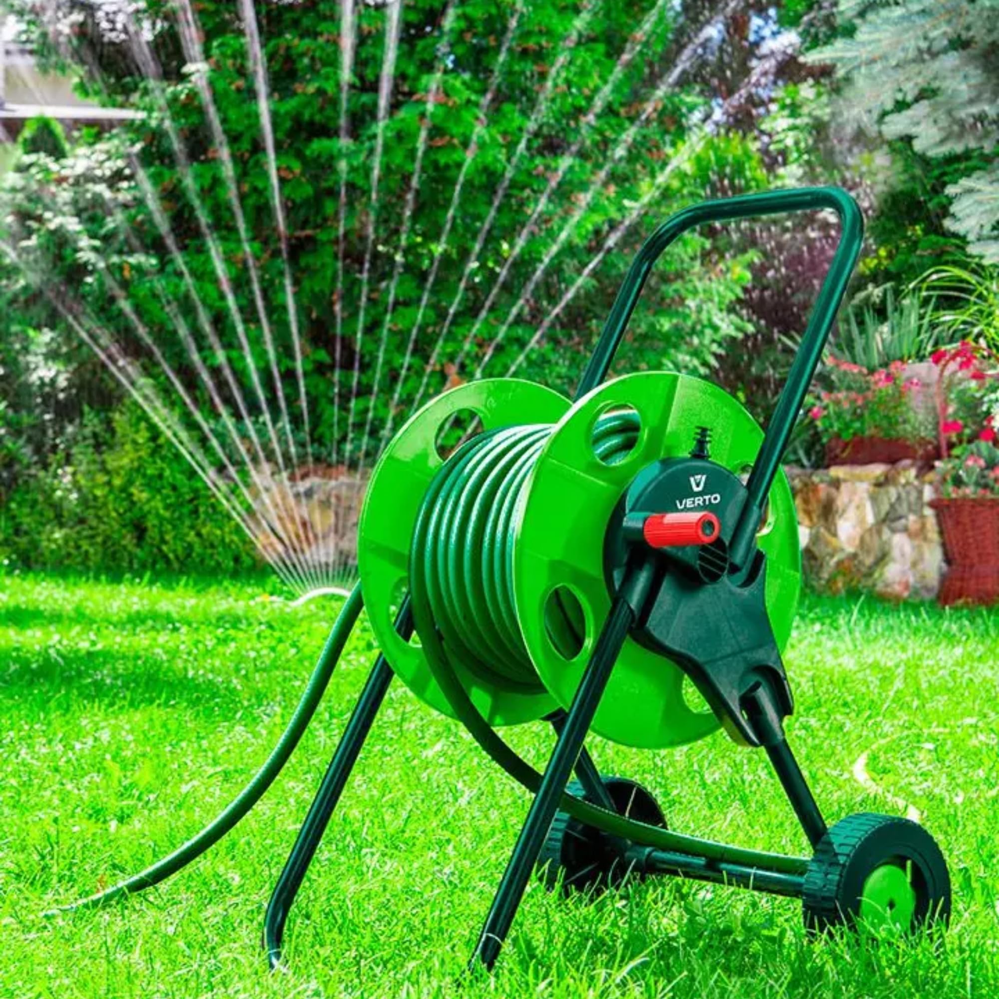 VERTO Gartenschlauchwagen mit bis zu 50 m - Gartenschlauchständer für Gartenschläuche, Verstärkte Seiten des Ständers, Praktische Kurbel zum Aufrollen des Schlauchs