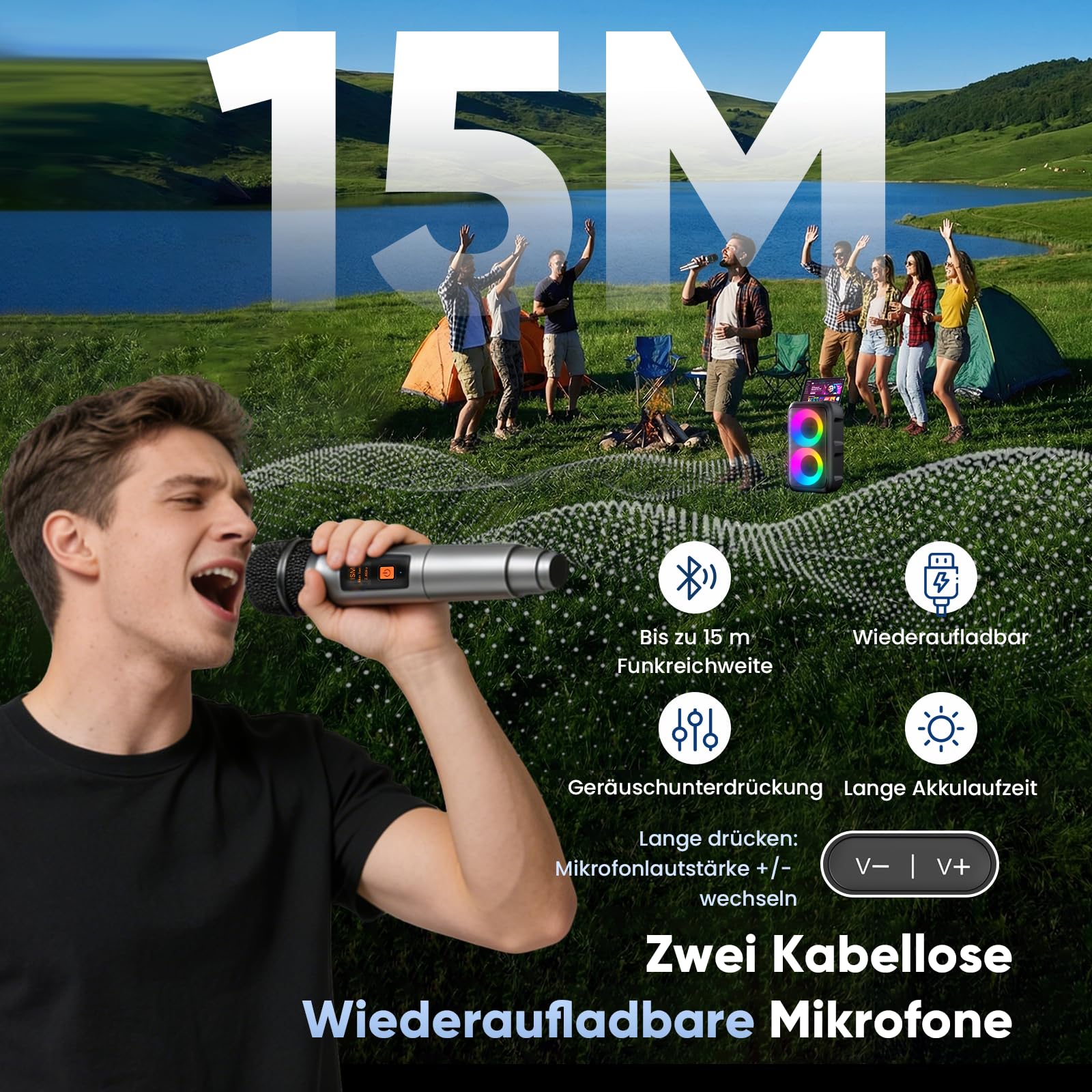 Musikbox Bluetooth Groß mit 2 Mikrofonen, tragbarer 3-in-1 Bluetooth Lautsprecher, Partybox Bluetooth mit Licht, Party-Lautsprecher Outdoor Indoor, Außenlautsprecher für TV, Smartphone und Tablet
