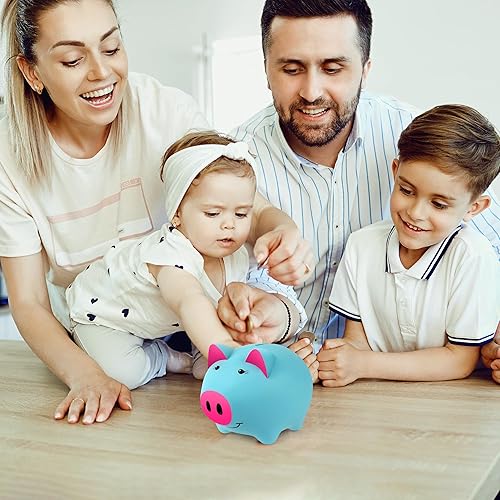 Miniatura 6 de Laebuild Alcancía para niños, alcancía de plástico azul para niñas, con forma de cerdo, hucha irrompible para niños pequeños, bancos para niños para