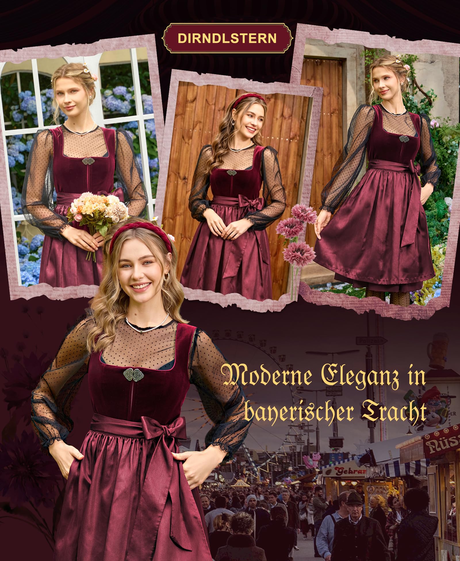 DIRNDLSTERN Damen Rot Trachtenkleid - Midi Oktoberfest Outfit Samt Dirndlkleid mit 60 cm Dirndlschürzen