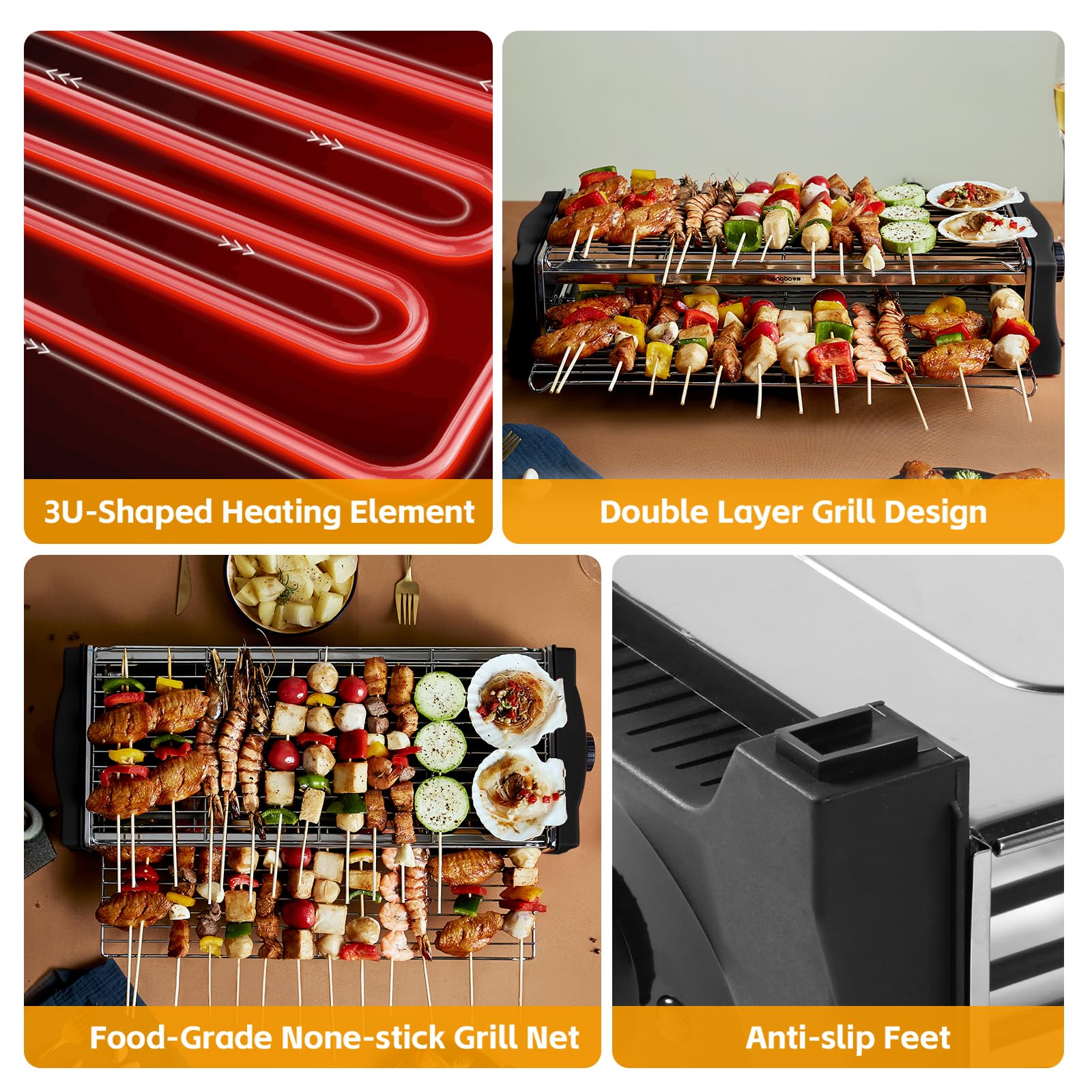 HengBo Barbacoa Eléctrica Sin Humo, Barbacoa de Mesa de Doble Capa Parrilla Barbacoa con Bandeja de Goteo, Termostato Ajustable, Superficie 46,5 x 20,5 cm, 2200W, Negro