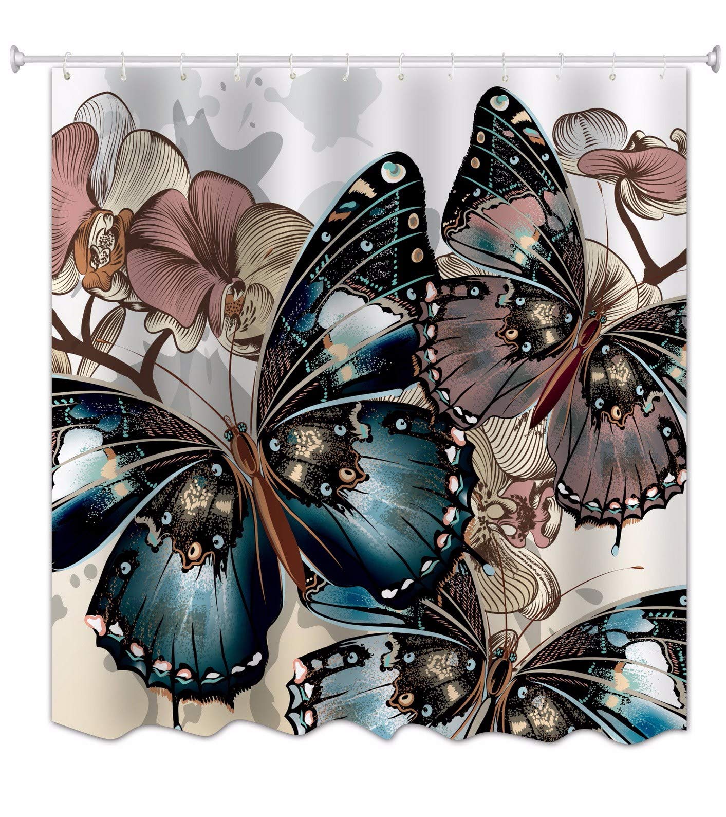 A.Monamour Spring Season Flowers Multi-Colored Butterflies White Backgrounds Art Print Waterproof Mildew Resistant Polyester Fabric Bath Curtain Shower Curtain Set With Rings 165x180 cm / 65"x 72"