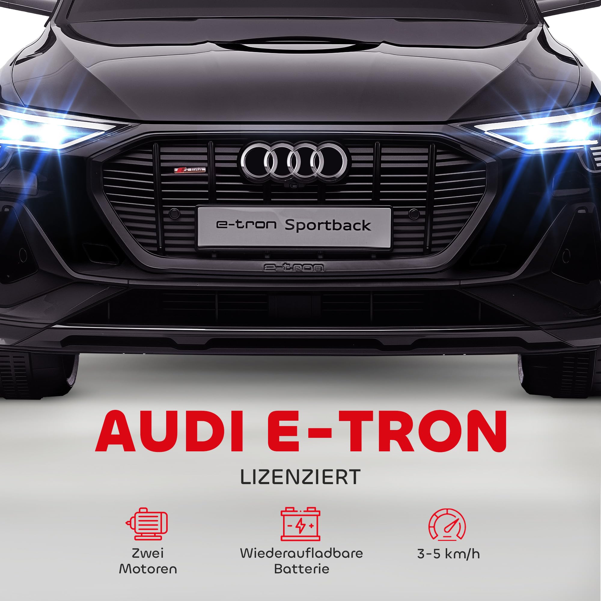 HOMCOM Elektro Kinderauto 12V Audi E-tron Elektrofahrzeug mit Fernbedienung, Sicherheitsgurt und Musikfunktion (MP3/USB/TF), Kinderfahrzeug für 3-5 Jahre, 3-5 km/h, Schwarz