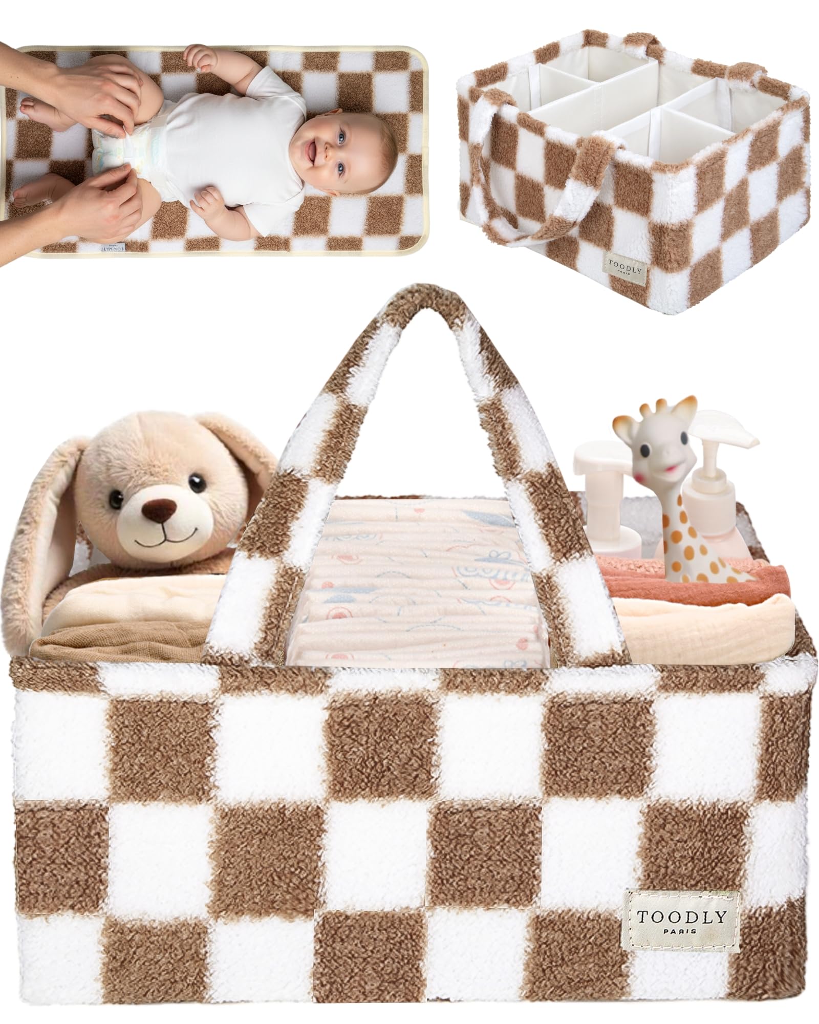 Toodly Checkered Diaper Caddy Organizer with Portable Changing Mat - Teddy Fleece Diaper Organizer for Changing Table - Caddy Organizer with Removable