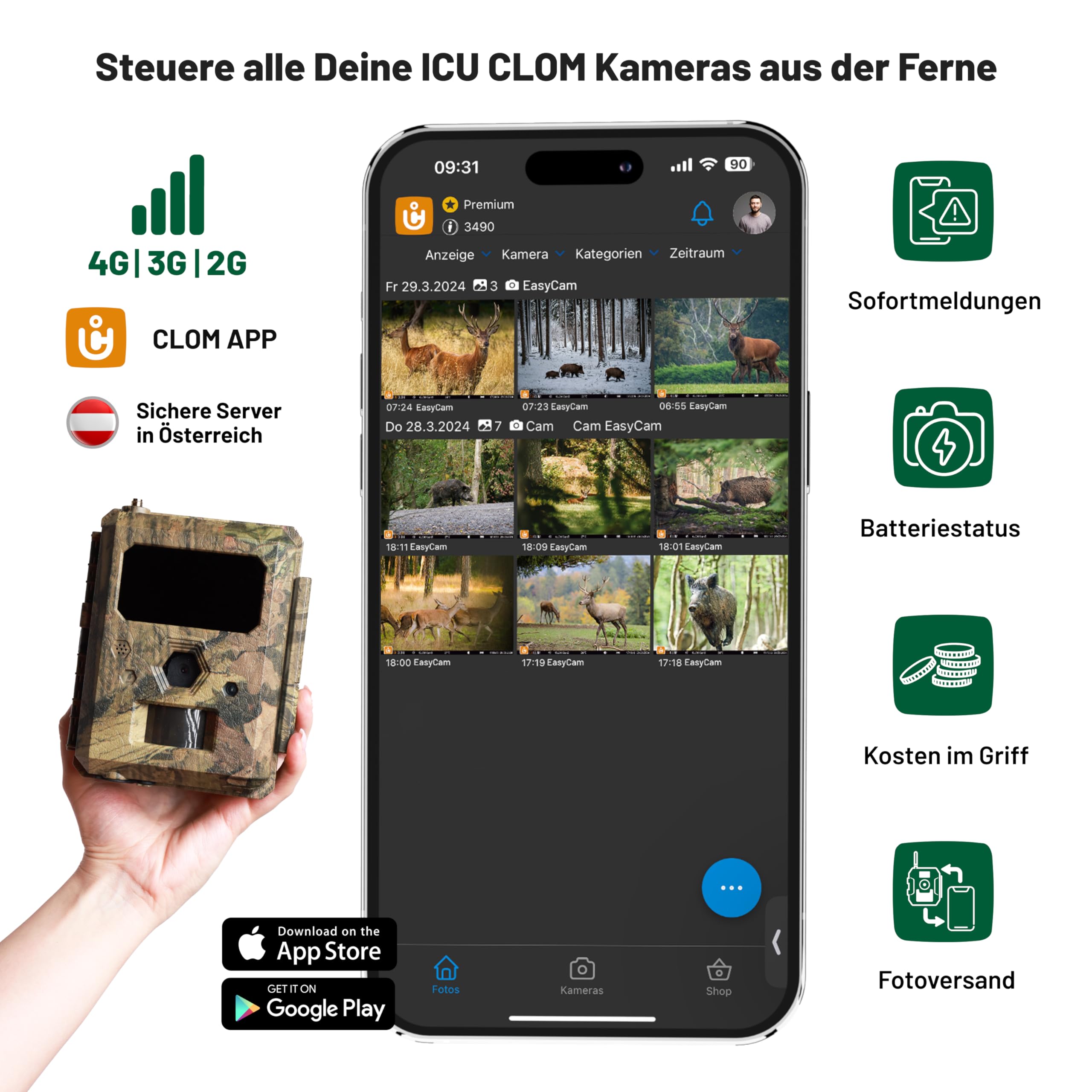 ICU CLOM EasyCam Outdoor Wildkamera – 50° Erfassungswinkel, 16GB SD-Karte, 4G/LTE Verbindung, Bewegungsmelder & App-Steuerung für Jagd & Überwachung
