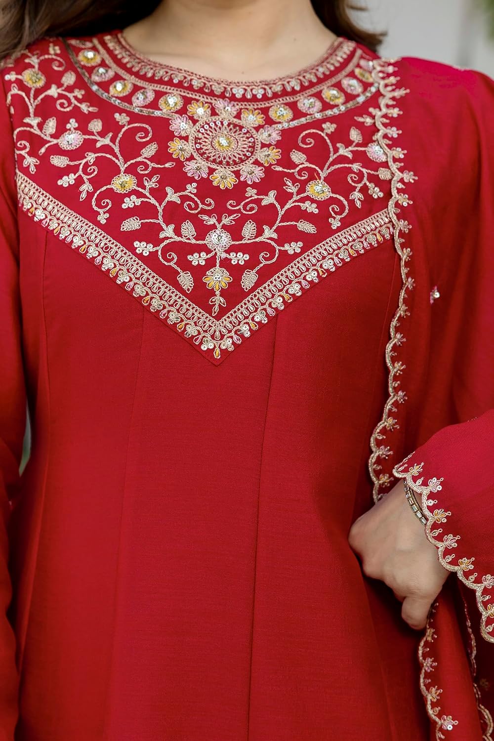 Women Anarkali Kurta Set with Dupatta Embroidered Flared Ethnic Wear Festive Party Outfit