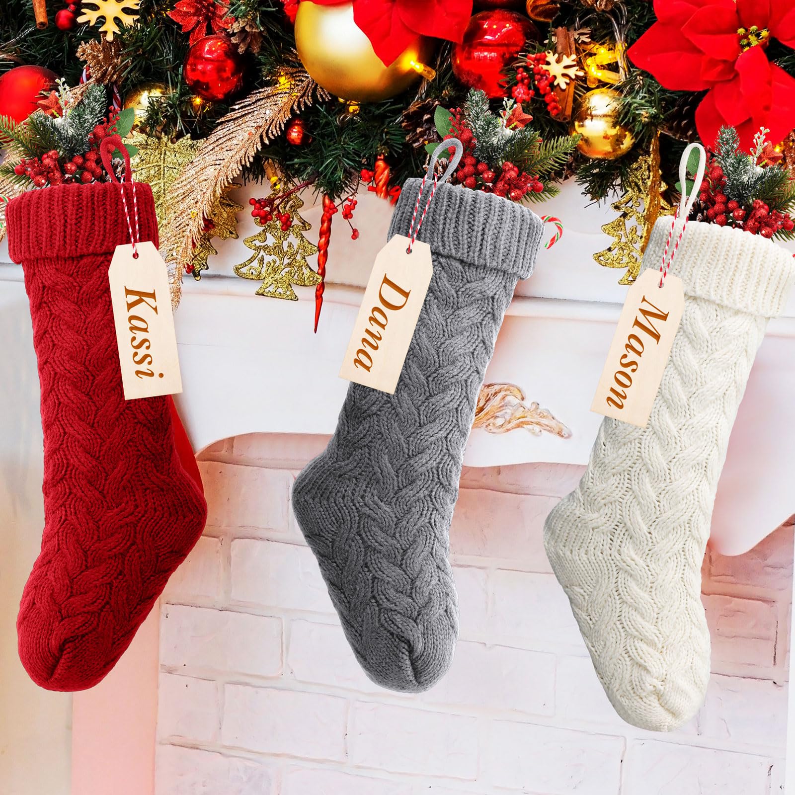Sumind Lot de 6 chaussettes de Noël tricotées avec étiquettes nominatives, décoration de cheminée (bordeaux, gris, blanc ivoire) - 45,7 cm