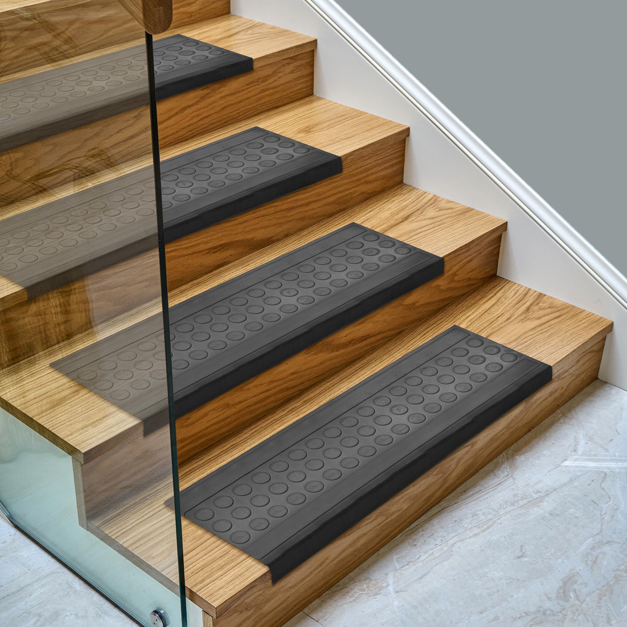 Ottomanson Indoor/Outdoor Hose-Wash Square Edge Design Non-Slip Rubber 10" x 25.5" Modern Stair Treads for Stairs, Garage, Patio, 5 Pack, Black